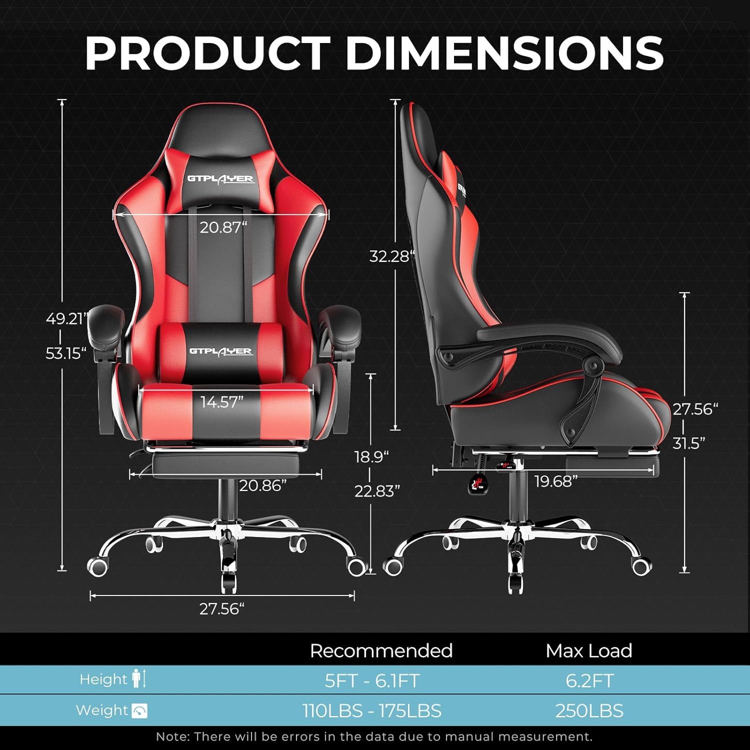 image:imageGTPLAYER Gaming Chair Computer Chair with Footrest and Lumbar Support Height Adjustable Game Chair with 360Swivel Seat and Headrest and for Office or Gaming Faux Leather BlackBrickred