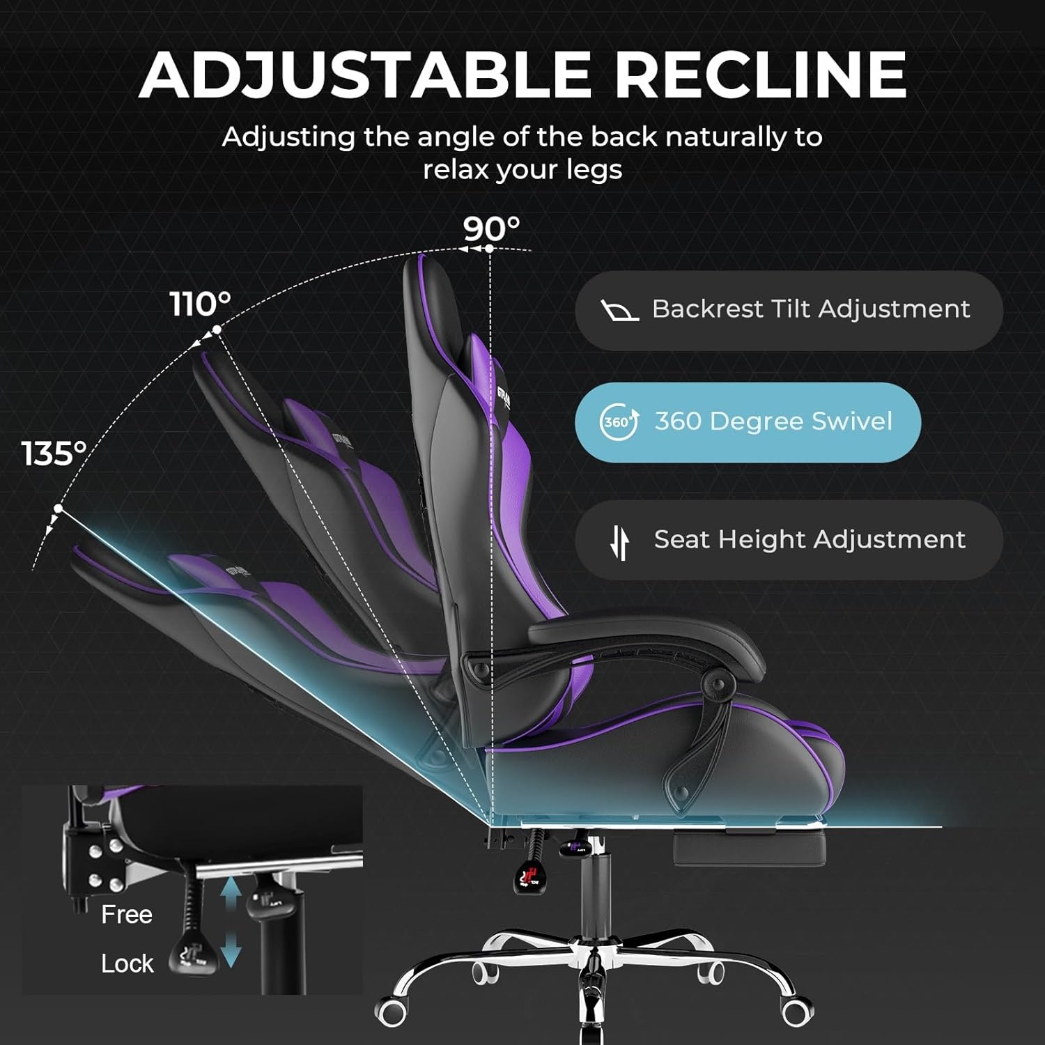 image:imageGTPLAYER Gaming Chair Computer Chair with Footrest and Lumbar Support Height Adjustable Game Chair with 360Swivel Seat and Headrest and for Office or Gaming Faux Leather BlackPurple