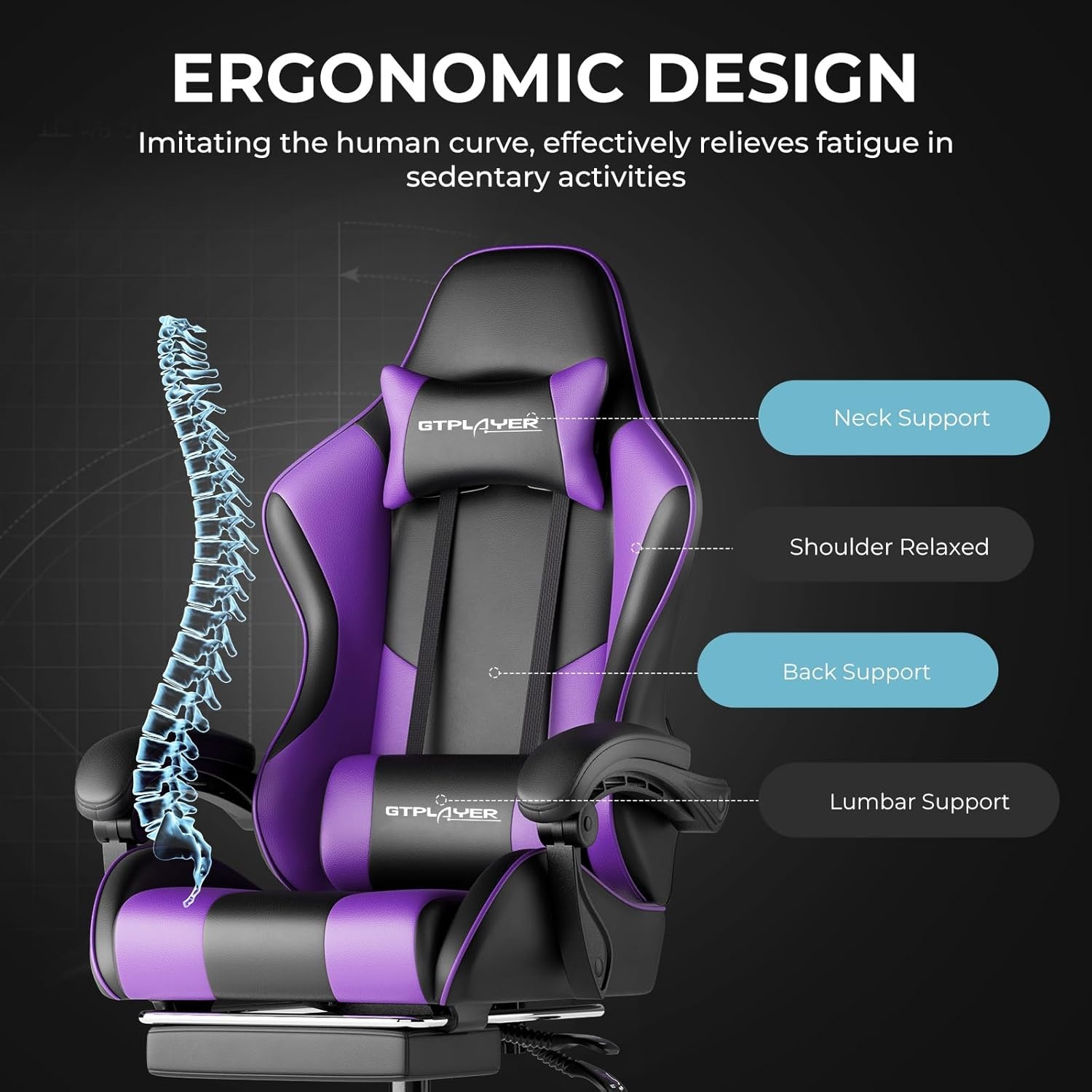 image:imageGTPLAYER Gaming Chair Computer Chair with Footrest and Lumbar Support Height Adjustable Game Chair with 360Swivel Seat and Headrest and for Office or Gaming Faux Leather BlackPurple
