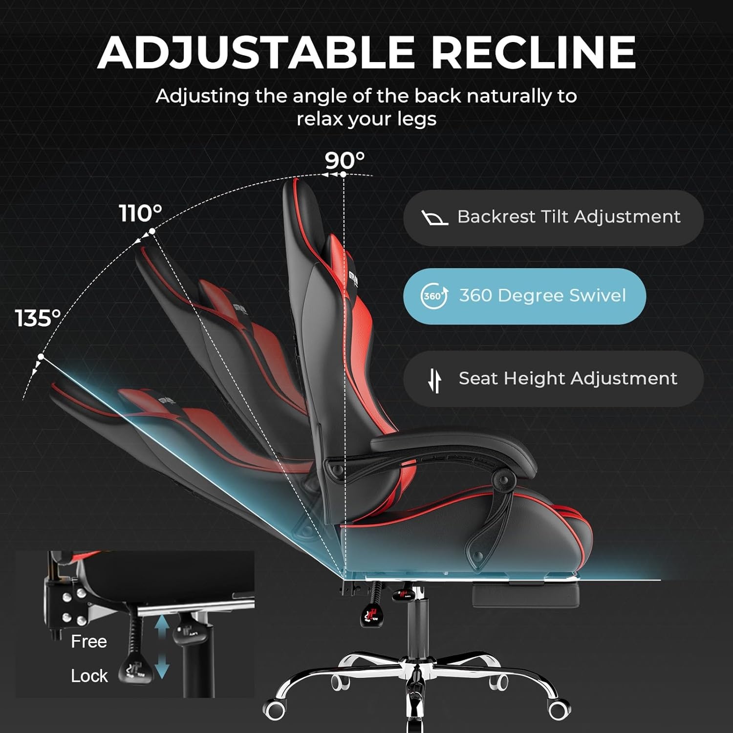 image:imageGTPLAYER Gaming Chair Computer Chair with Footrest and Lumbar Support Height Adjustable Game Chair with 360Swivel Seat and Headrest and for Office or Gaming Faux Leather BlackBrickred