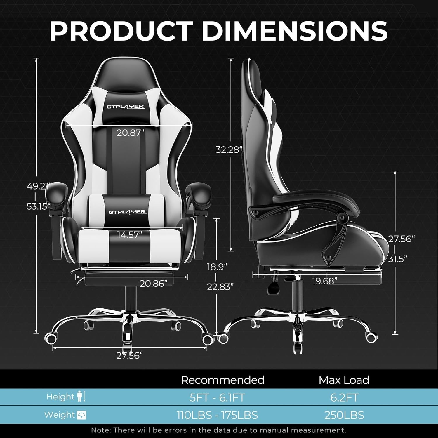 image:imageGTPLAYER Gaming Chair Computer Chair with Footrest and Lumbar Support Height Adjustable Game Chair with 360Swivel Seat and Headrest and for Office or Gaming Faux Leather BlackWhite