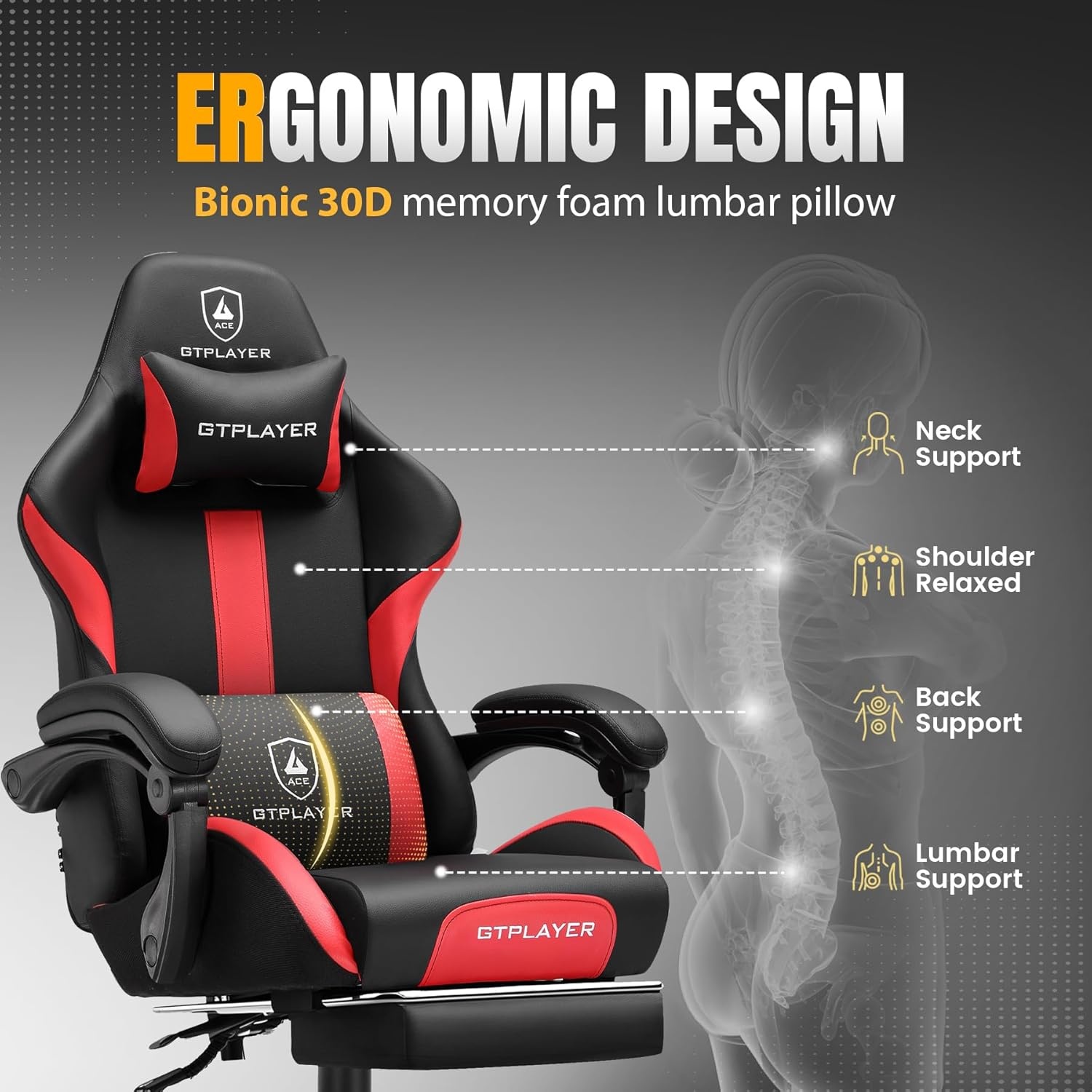 image:imageGTPLAYER Gaming Chair with Foot Rest amp Pocket Spring Cushion Ergonomic High Back Computer Chair with Headrest amp 360Swivel Seat for Home Office Desk PU Leather BlueRed