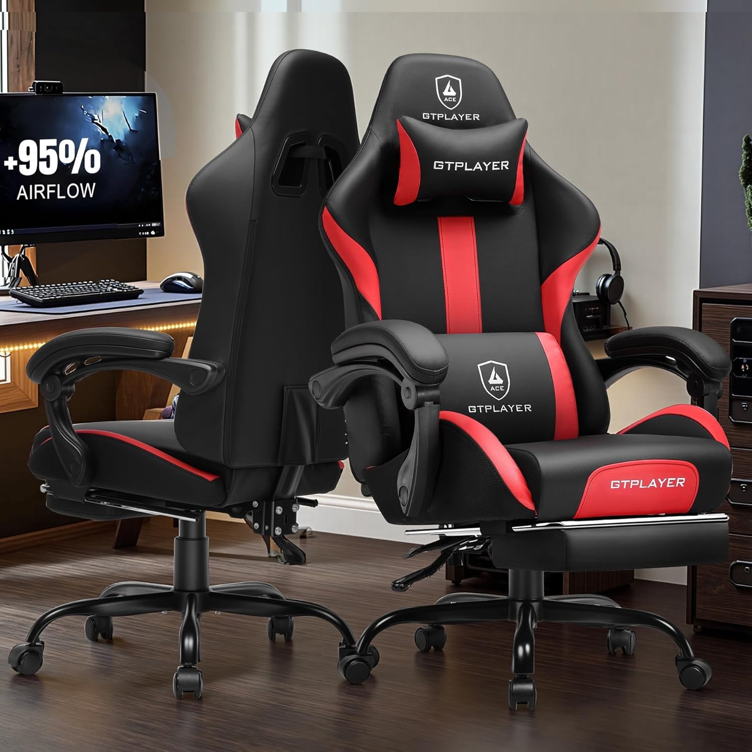 image:imageGTPLAYER Gaming Chair with Foot Rest amp Pocket Spring Cushion Ergonomic High Back Computer Chair with Headrest amp 360Swivel Seat for Home Office Desk PU Leather BlueRed
