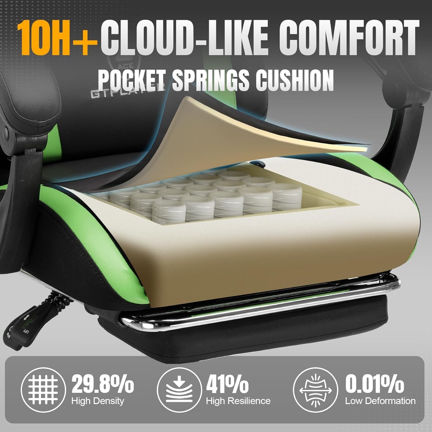 image:imageGTPLAYER Gaming Chair with Foot Rest amp Pocket Spring Cushion Ergonomic High Back Computer Chair with Headrest amp 360Swivel Seat for Home Office Desk PU Leather BlueVividgreen