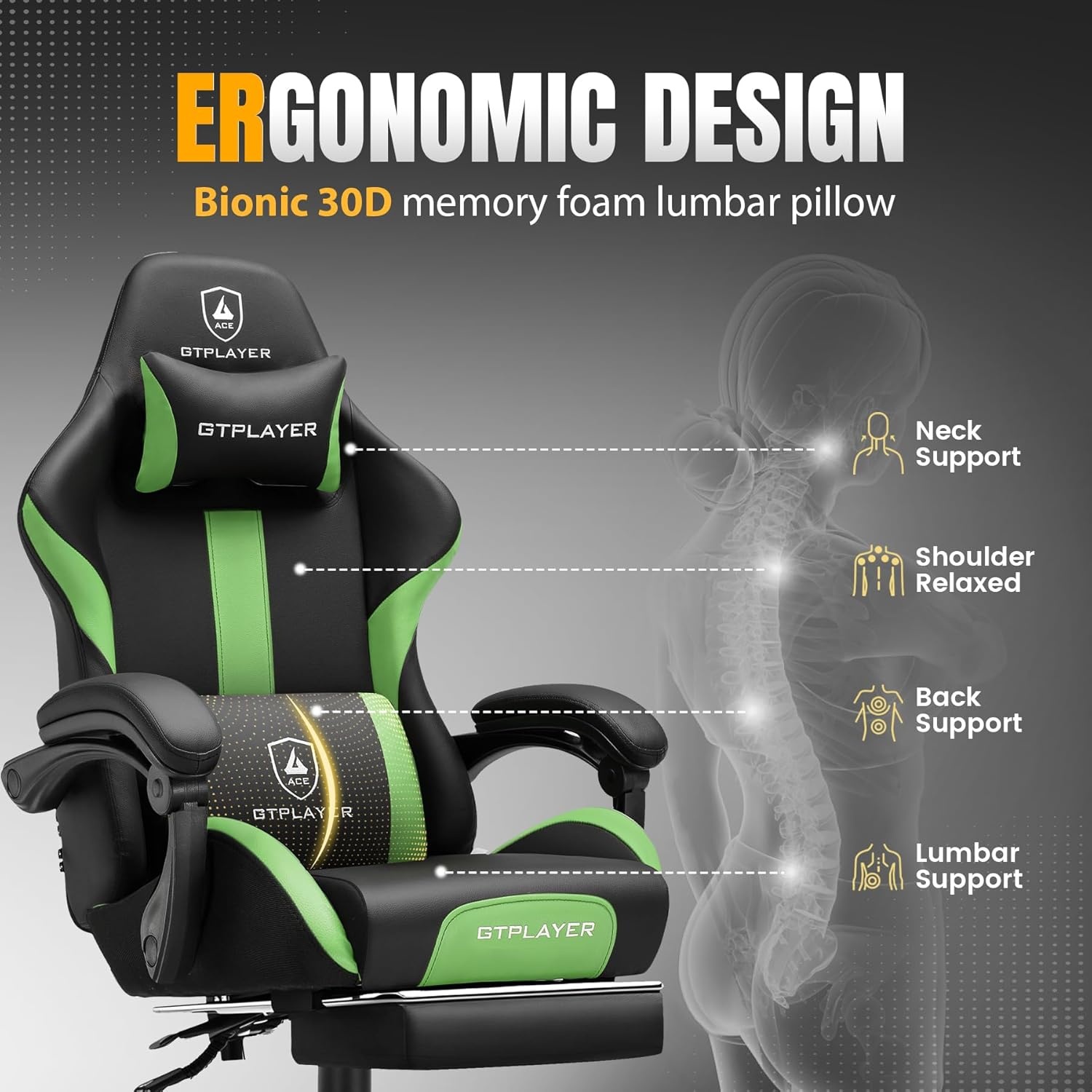 image:imageGTPLAYER Gaming Chair with Foot Rest amp Pocket Spring Cushion Ergonomic High Back Computer Chair with Headrest amp 360Swivel Seat for Home Office Desk PU Leather BlueVividgreen