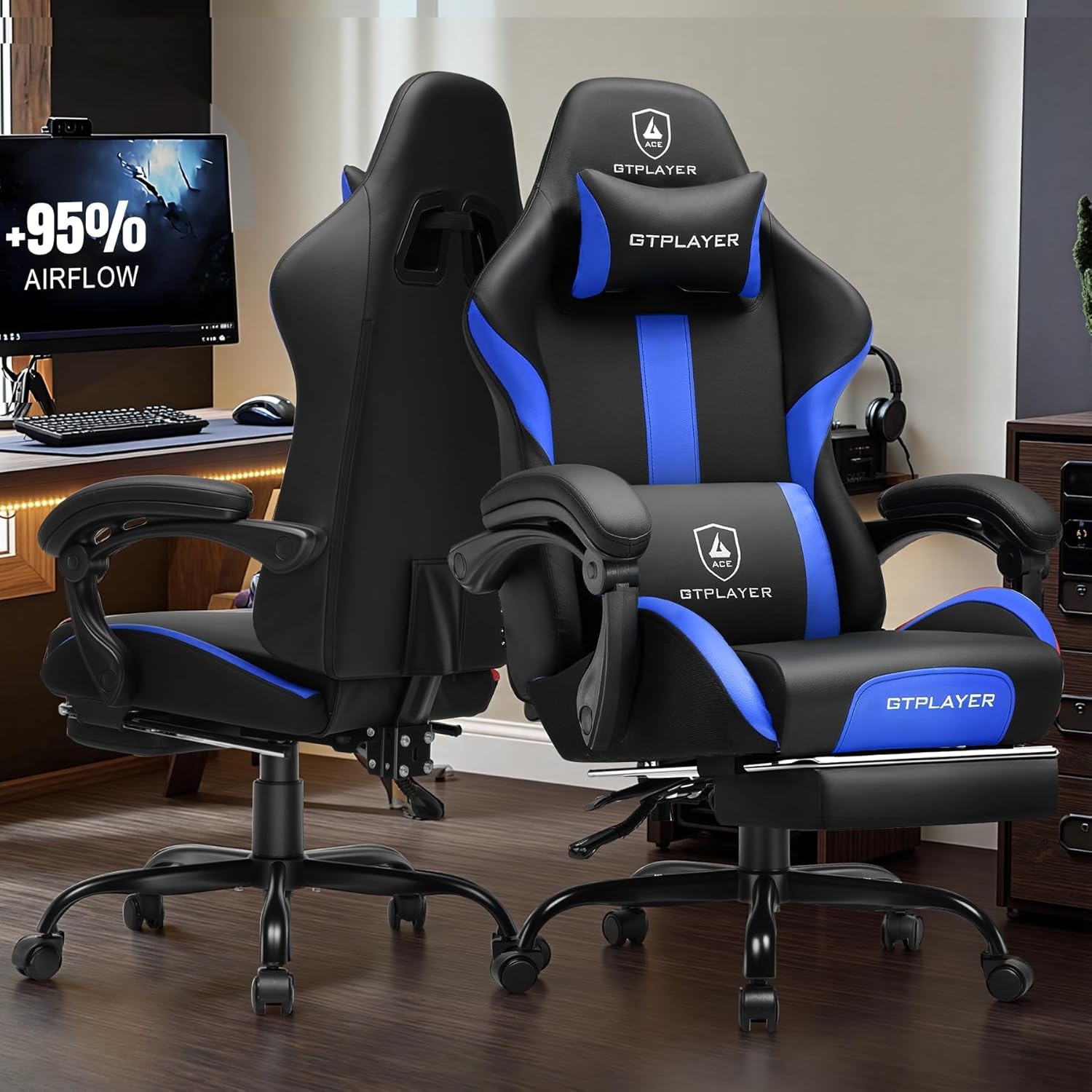 image:imageGTPLAYER Gaming Chair with Foot Rest amp Pocket Spring Cushion Ergonomic High Back Computer Chair with Headrest amp 360Swivel Seat for Home Office Desk PU Leather BlueBlue