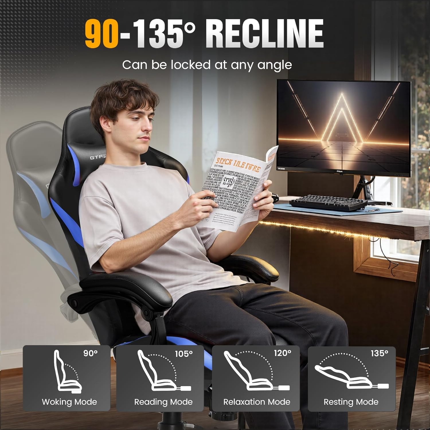 image:imageGTPLAYER Gaming Chair with Foot Rest amp Pocket Spring Cushion Ergonomic High Back Computer Chair with Headrest amp 360Swivel Seat for Home Office Desk PU Leather BlueBlue