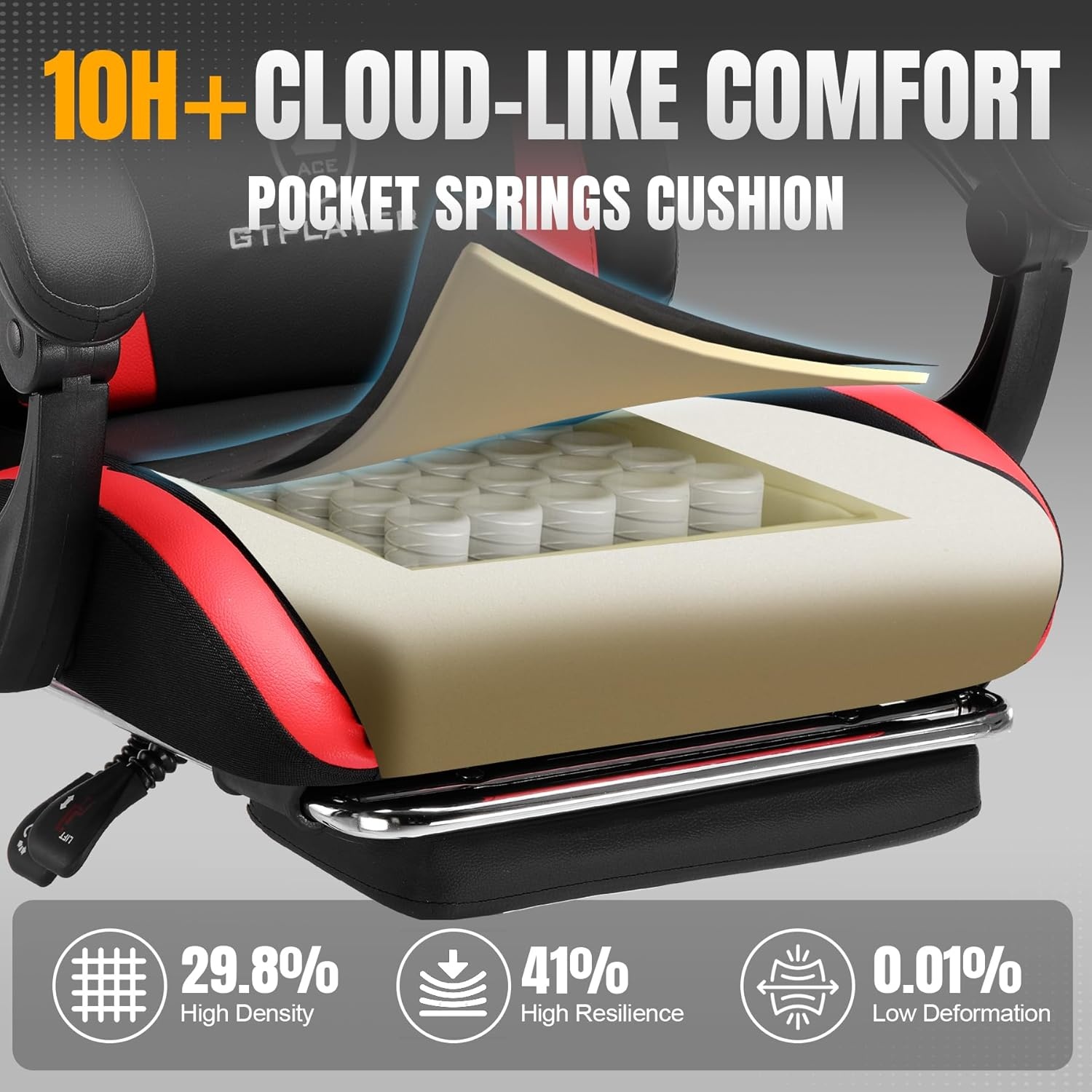image:imageGTPLAYER Gaming Chair with Foot Rest amp Pocket Spring Cushion Ergonomic High Back Computer Chair with Headrest amp 360Swivel Seat for Home Office Desk PU Leather BlueRed
