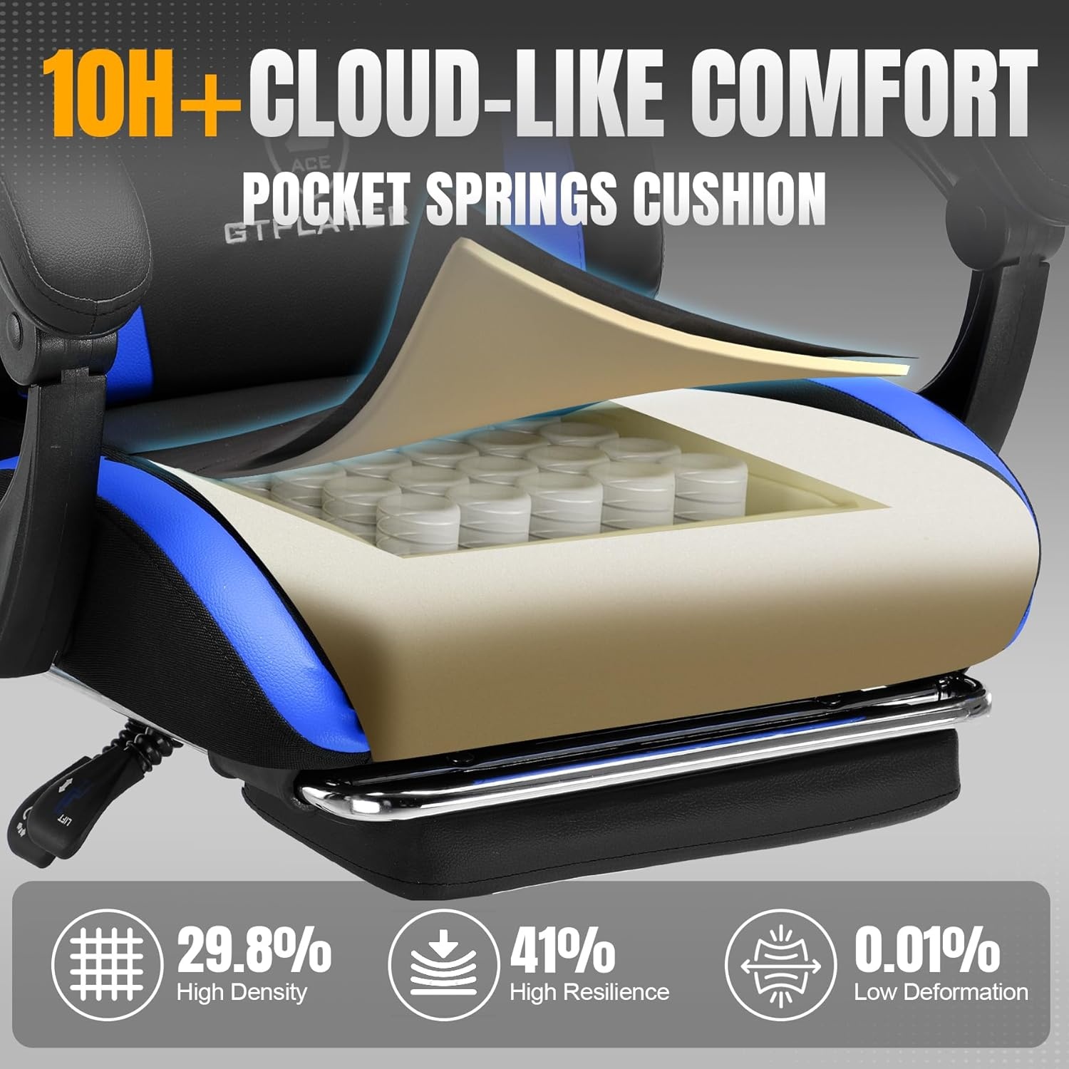 image:imageGTPLAYER Gaming Chair with Foot Rest amp Pocket Spring Cushion Ergonomic High Back Computer Chair with Headrest amp 360Swivel Seat for Home Office Desk PU Leather BlueBlue