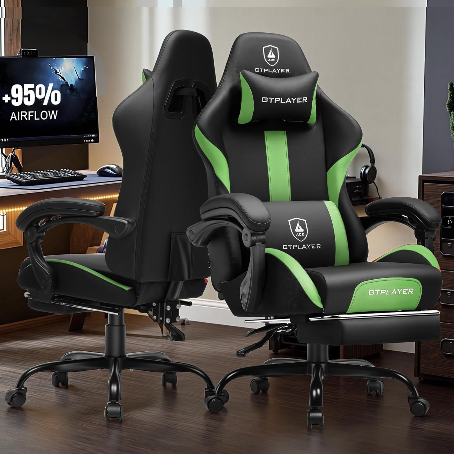 image:imageGTPLAYER Gaming Chair with Foot Rest amp Pocket Spring Cushion Ergonomic High Back Computer Chair with Headrest amp 360Swivel Seat for Home Office Desk PU Leather BlueVividgreen