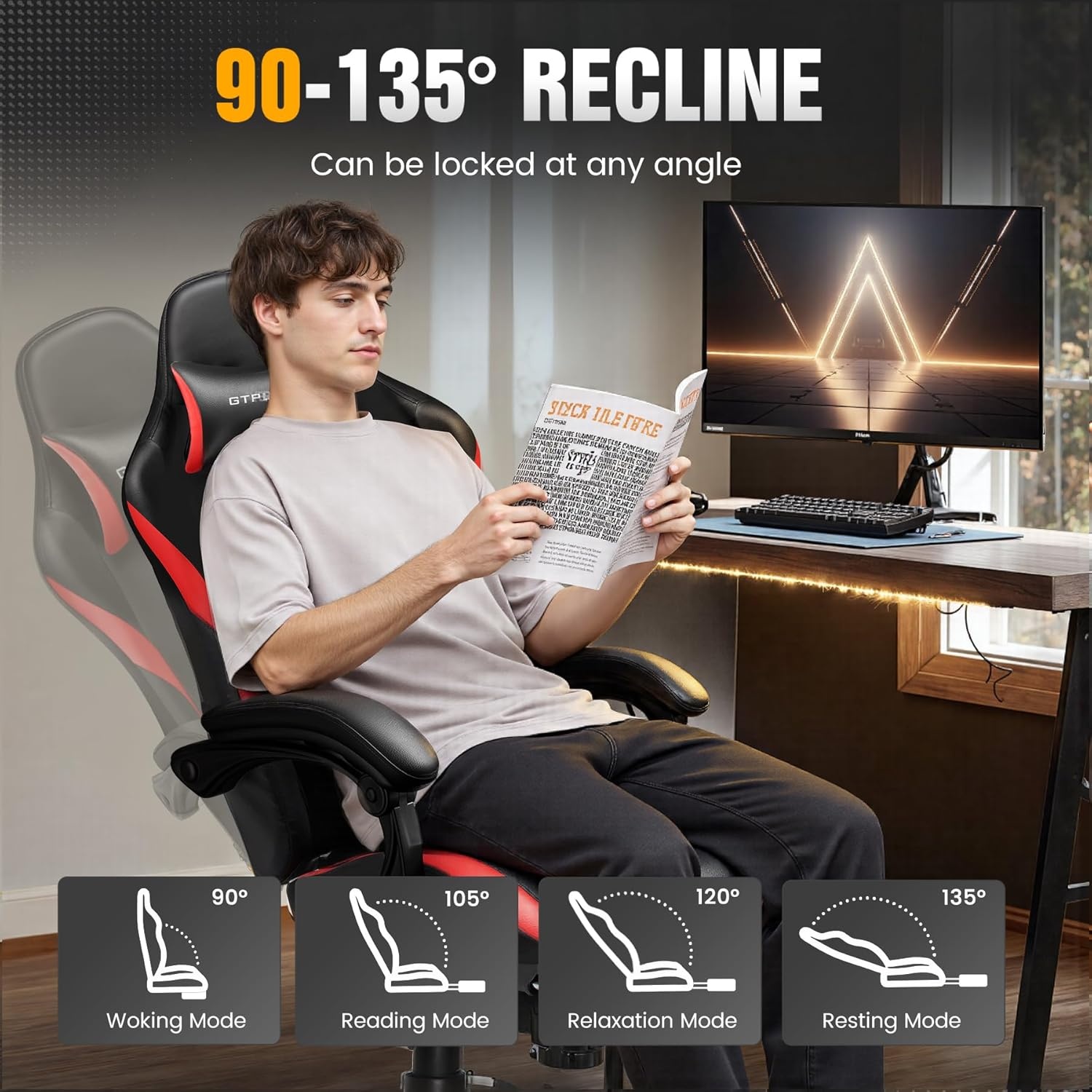 image:imageGTPLAYER Gaming Chair with Foot Rest amp Pocket Spring Cushion Ergonomic High Back Computer Chair with Headrest amp 360Swivel Seat for Home Office Desk PU Leather BlueRed