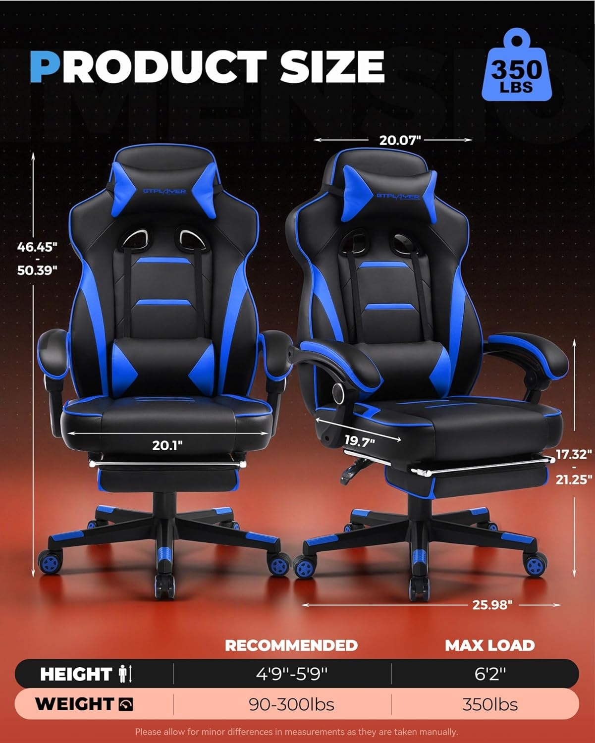 image:imageGTPLAYER Gaming Chair with Footrest Big and Tall Computer Game Chair 350lb Racing Style Ergonomic High Back Lumbar Support and Recliner Moon GrayBlue