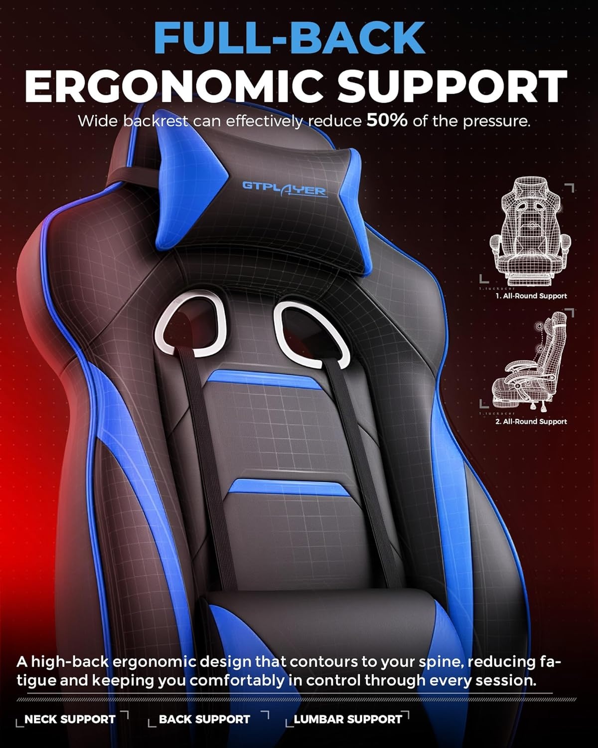 image:imageGTPLAYER Gaming Chair with Footrest Big and Tall Computer Game Chair 350lb Racing Style Ergonomic High Back Lumbar Support and Recliner Moon GrayBlue