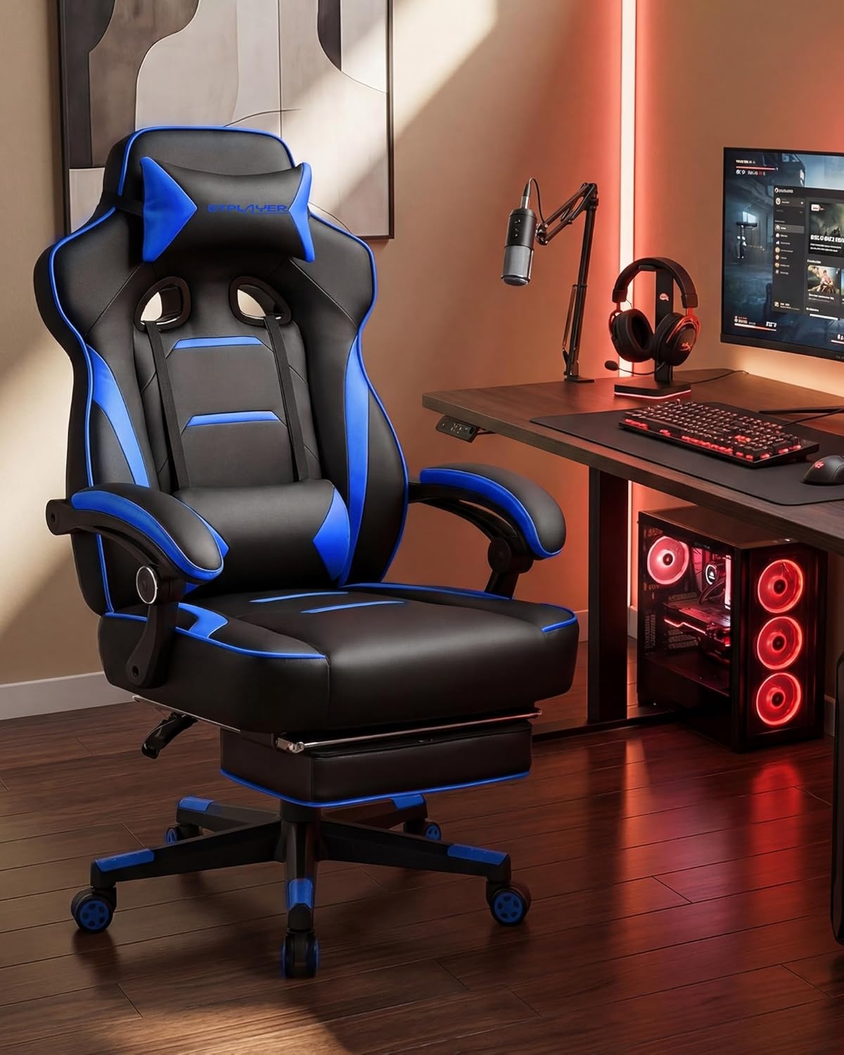 image:imageGTPLAYER Gaming Chair with Footrest Big and Tall Computer Game Chair 350lb Racing Style Ergonomic High Back Lumbar Support and Recliner Moon GrayBlue