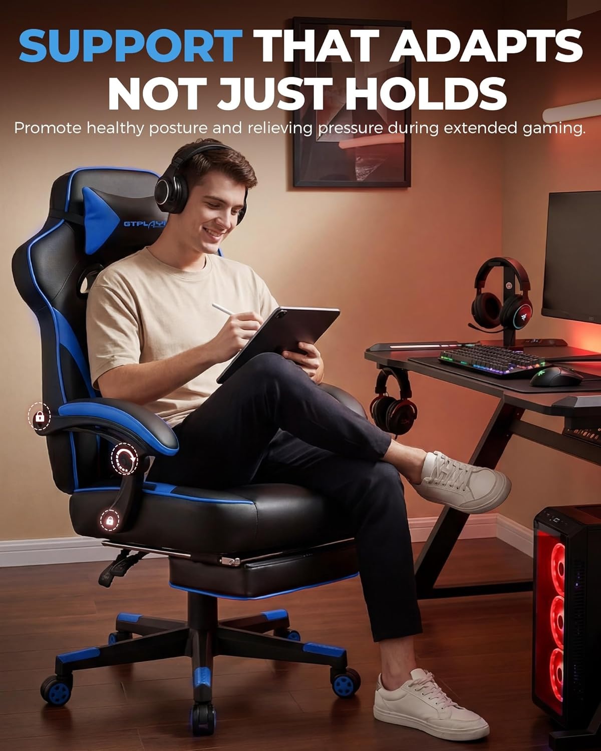 image:imageGTPLAYER Gaming Chair with Footrest Big and Tall Computer Game Chair 350lb Racing Style Ergonomic High Back Lumbar Support and Recliner Moon GrayBlue