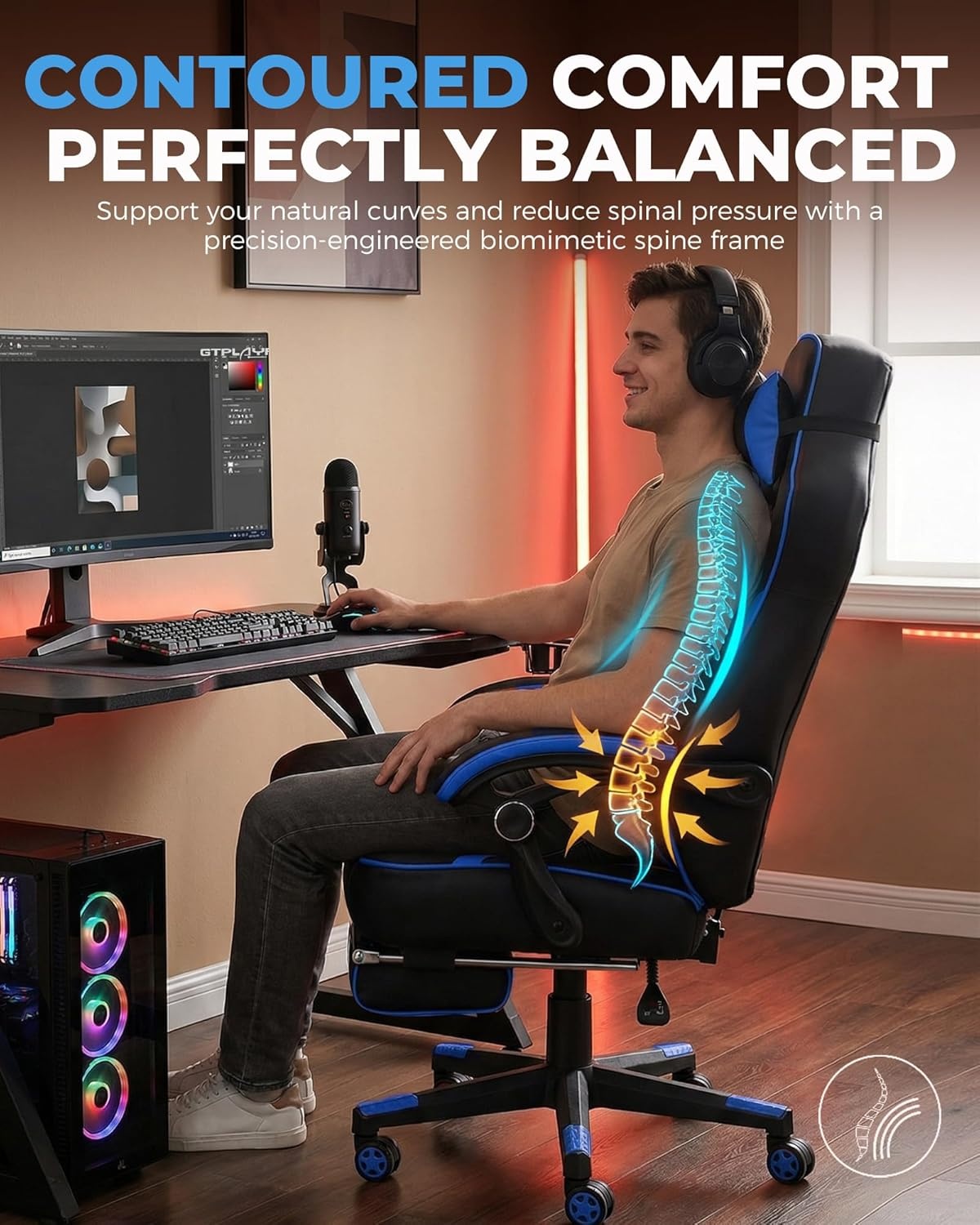 image:imageGTPLAYER Gaming Chair with Footrest Big and Tall Computer Game Chair 350lb Racing Style Ergonomic High Back Lumbar Support and Recliner Moon GrayBlue