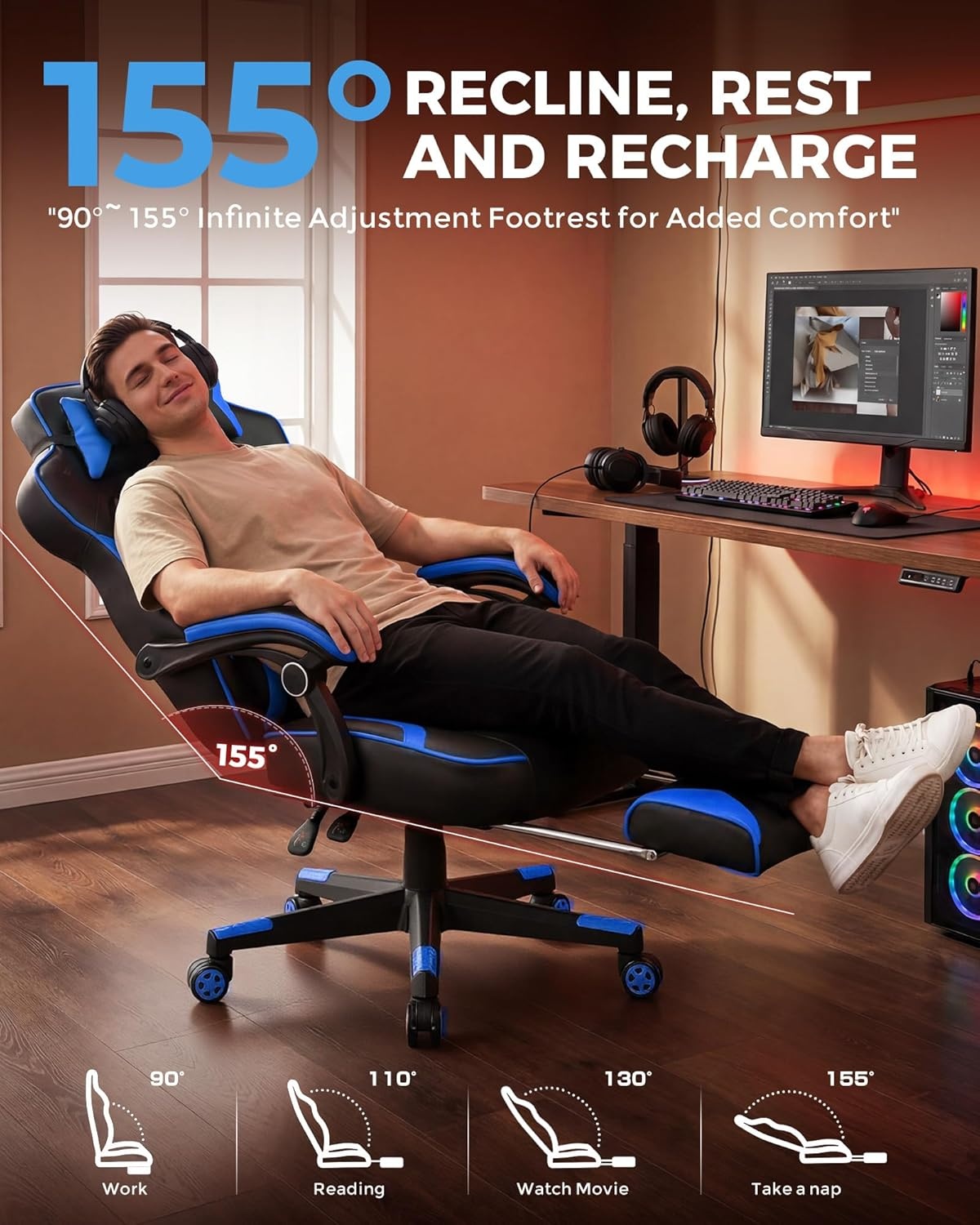 image:imageGTPLAYER Gaming Chair with Footrest Big and Tall Computer Game Chair 350lb Racing Style Ergonomic High Back Lumbar Support and Recliner Moon GrayBlue