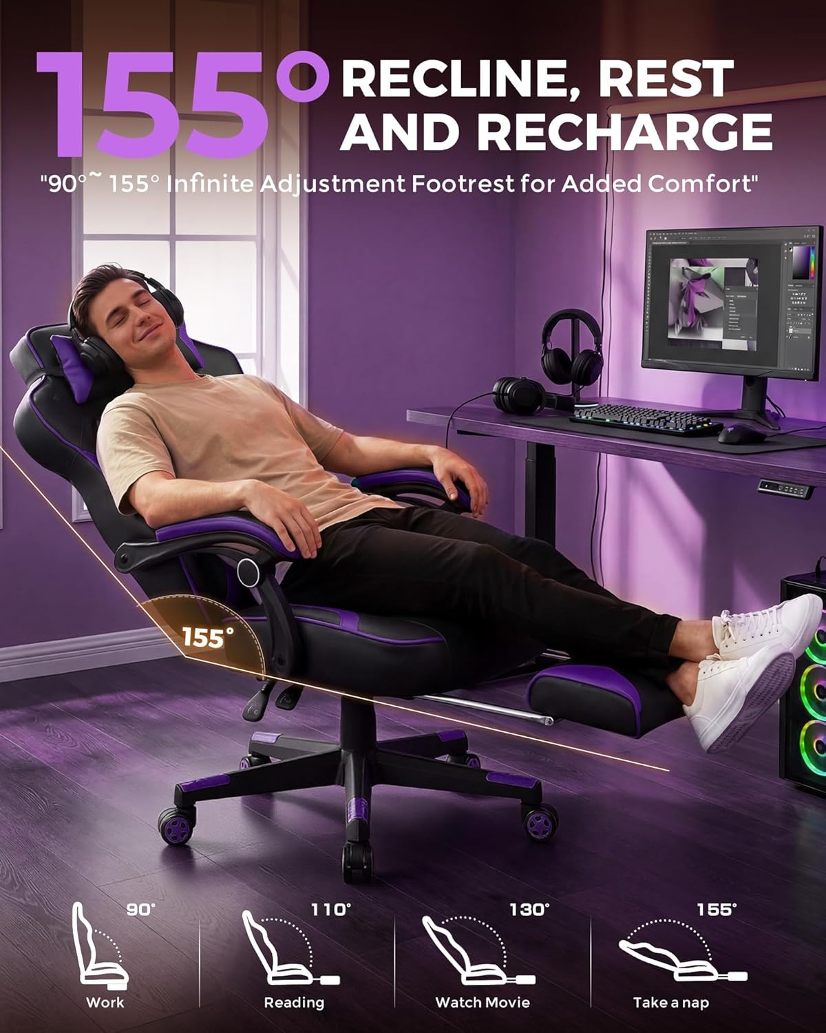 image:imageGTPLAYER Gaming Chair with Footrest Big and Tall Computer Game Chair 350lb Racing Style Ergonomic High Back Lumbar Support and Recliner Moon GrayErgopurple
