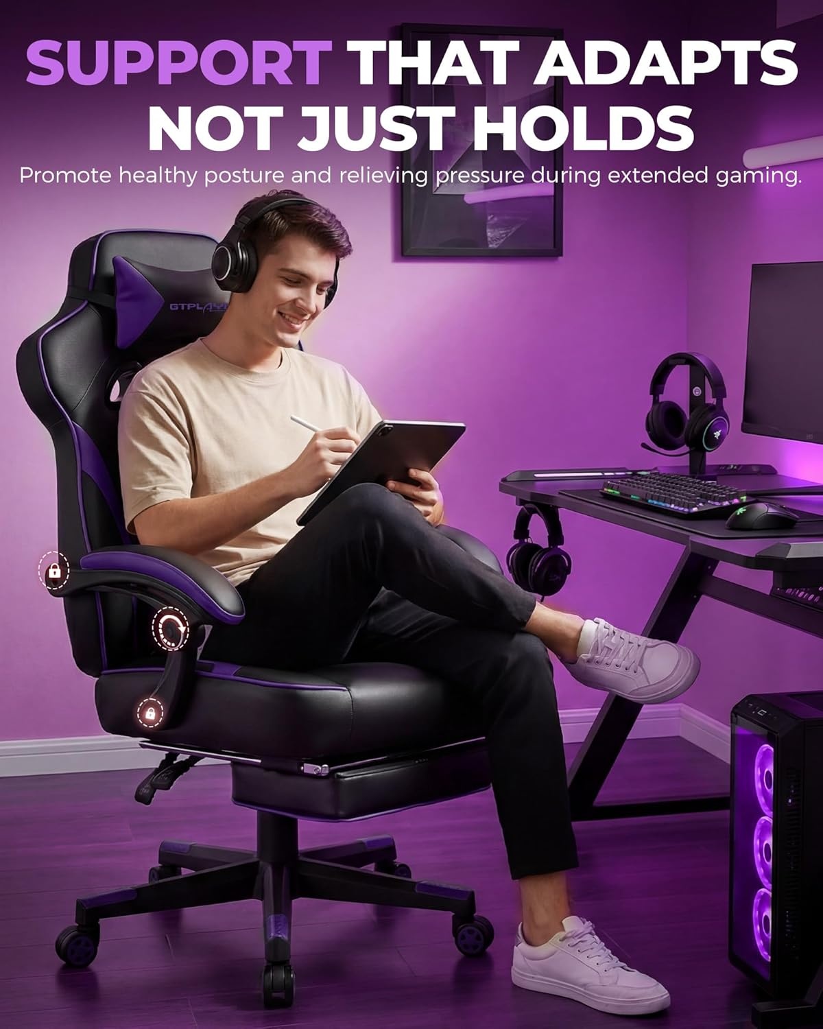 image:imageGTPLAYER Gaming Chair with Footrest Big and Tall Computer Game Chair 350lb Racing Style Ergonomic High Back Lumbar Support and Recliner Moon GrayErgopurple