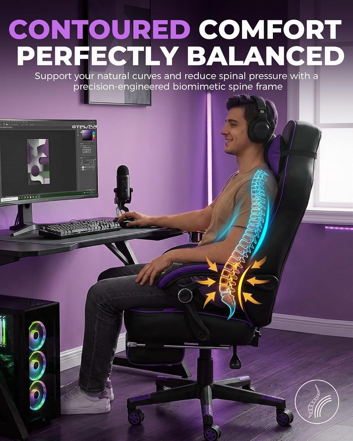image:imageGTPLAYER Gaming Chair with Footrest Big and Tall Computer Game Chair 350lb Racing Style Ergonomic High Back Lumbar Support and Recliner Moon GrayErgopurple