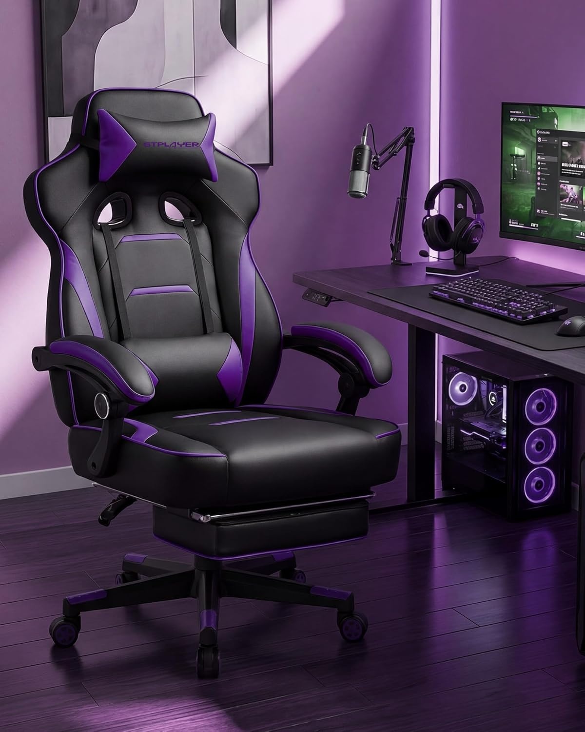 image:imageGTPLAYER Gaming Chair with Footrest Big and Tall Computer Game Chair 350lb Racing Style Ergonomic High Back Lumbar Support and Recliner Moon GrayErgopurple
