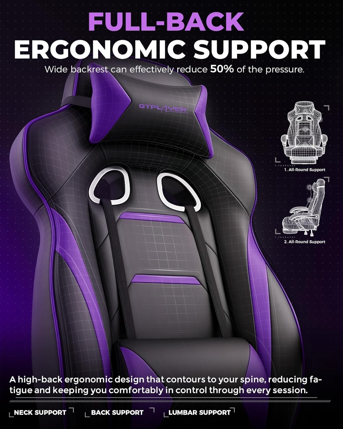 image:imageGTPLAYER Gaming Chair with Footrest Big and Tall Computer Game Chair 350lb Racing Style Ergonomic High Back Lumbar Support and Recliner Moon GrayErgopurple