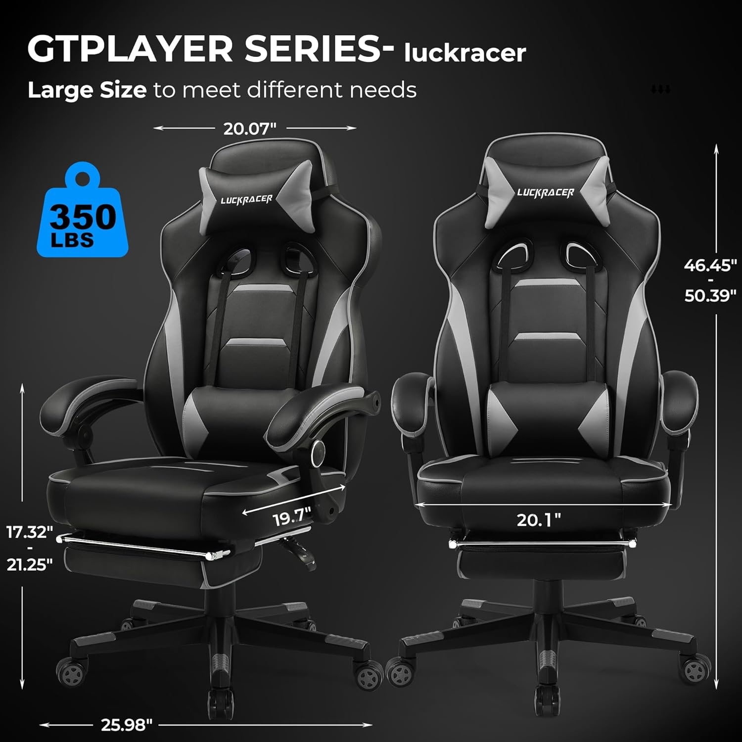 image:imageGTPLAYER Gaming Chair with Footrest Big and Tall Computer Game Chair 350lb Racing Style Ergonomic High Back Lumbar Support and Recliner Moon GrayLight Gray