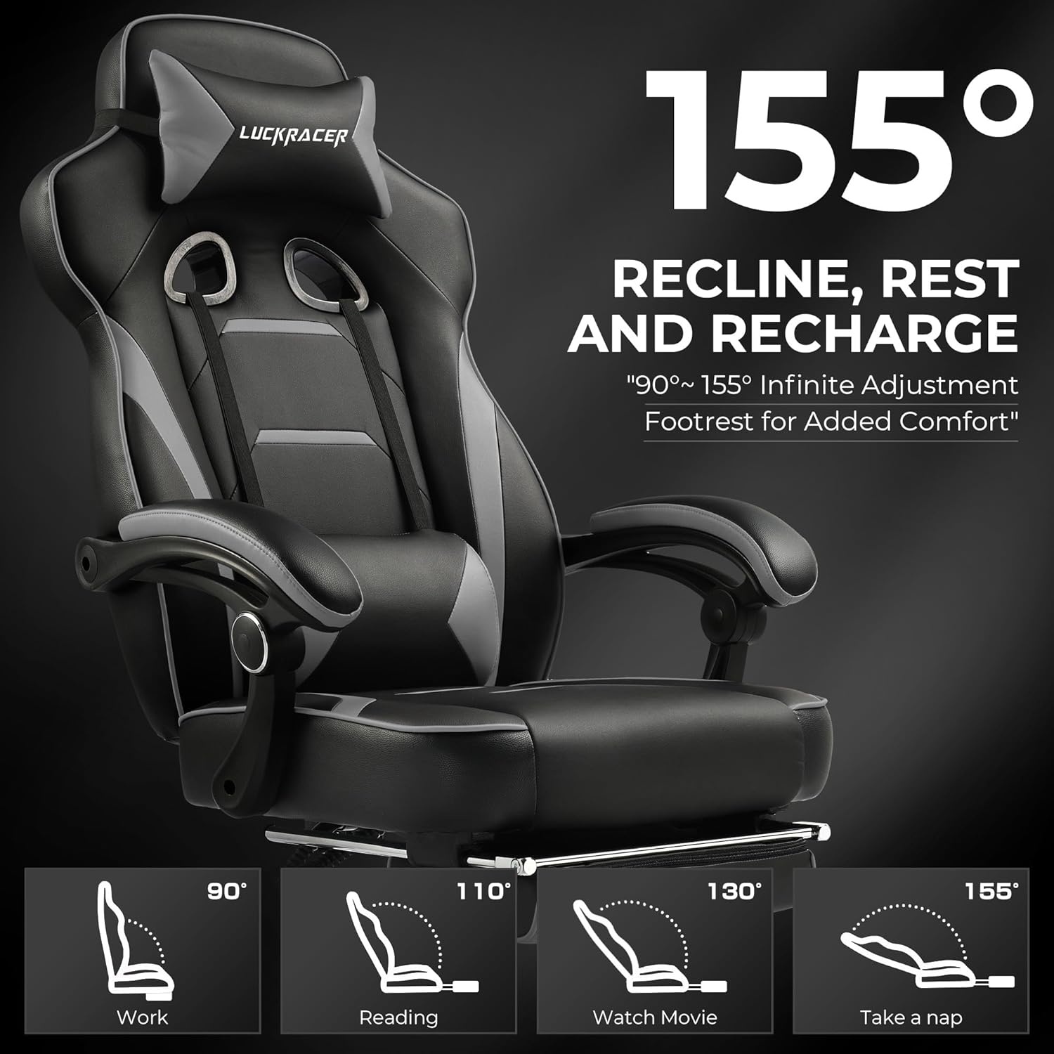 image:imageGTPLAYER Gaming Chair with Footrest Big and Tall Computer Game Chair 350lb Racing Style Ergonomic High Back Lumbar Support and Recliner Moon GrayLight Gray