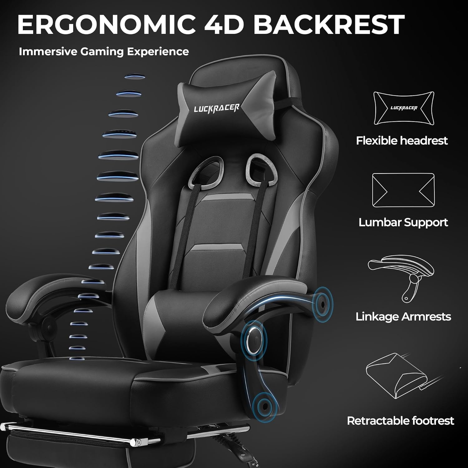 image:imageGTPLAYER Gaming Chair with Footrest Big and Tall Computer Game Chair 350lb Racing Style Ergonomic High Back Lumbar Support and Recliner Moon GrayLight Gray