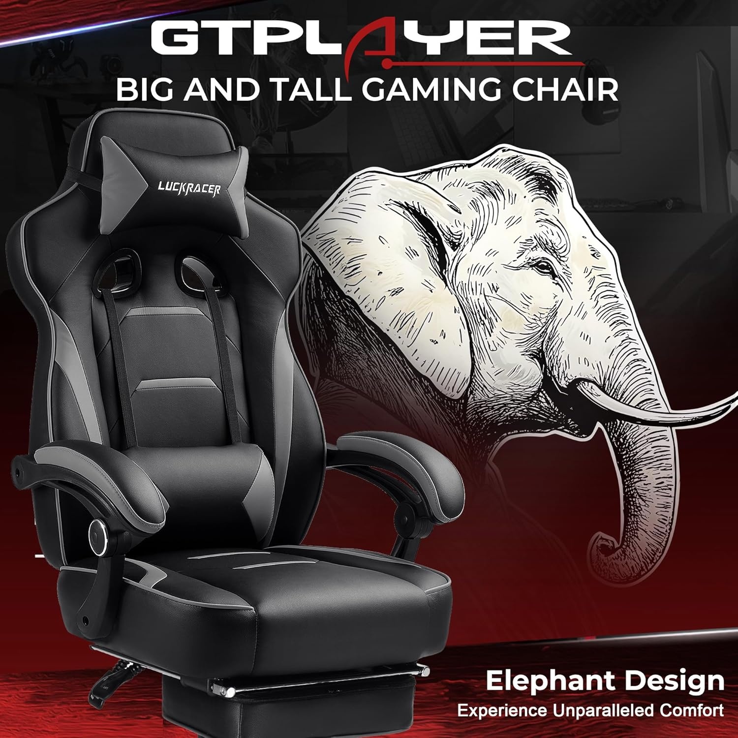 image:imageGTPLAYER Gaming Chair with Footrest Big and Tall Computer Game Chair 350lb Racing Style Ergonomic High Back Lumbar Support and Recliner Moon GrayLight Gray