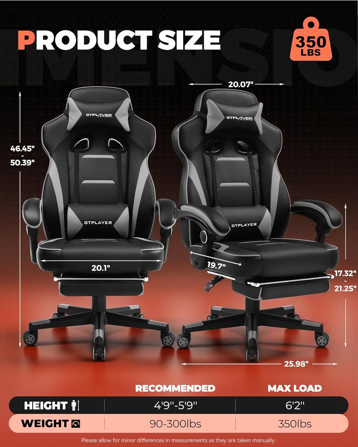 image:imageGTPLAYER Gaming Chair with Footrest Big and Tall Computer Game Chair 350lb Racing Style Ergonomic High Back Lumbar Support and Recliner Moon GrayMoongray