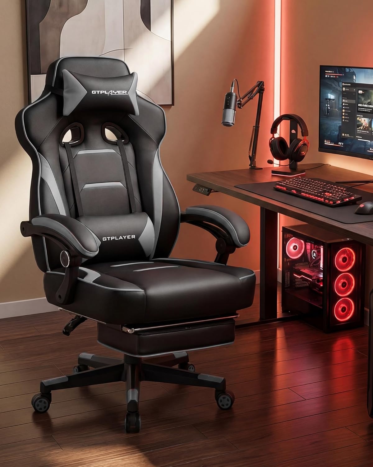 image:imageGTPLAYER Gaming Chair with Footrest Big and Tall Computer Game Chair 350lb Racing Style Ergonomic High Back Lumbar Support and Recliner Moon GrayMoongray
