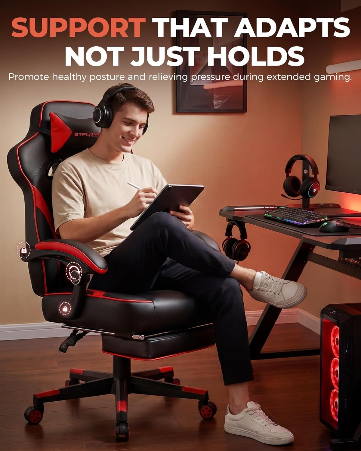 image:imageGTPLAYER Gaming Chair with Footrest Big and Tall Computer Game Chair 350lb Racing Style Ergonomic High Back Lumbar Support and Recliner Moon GrayRed