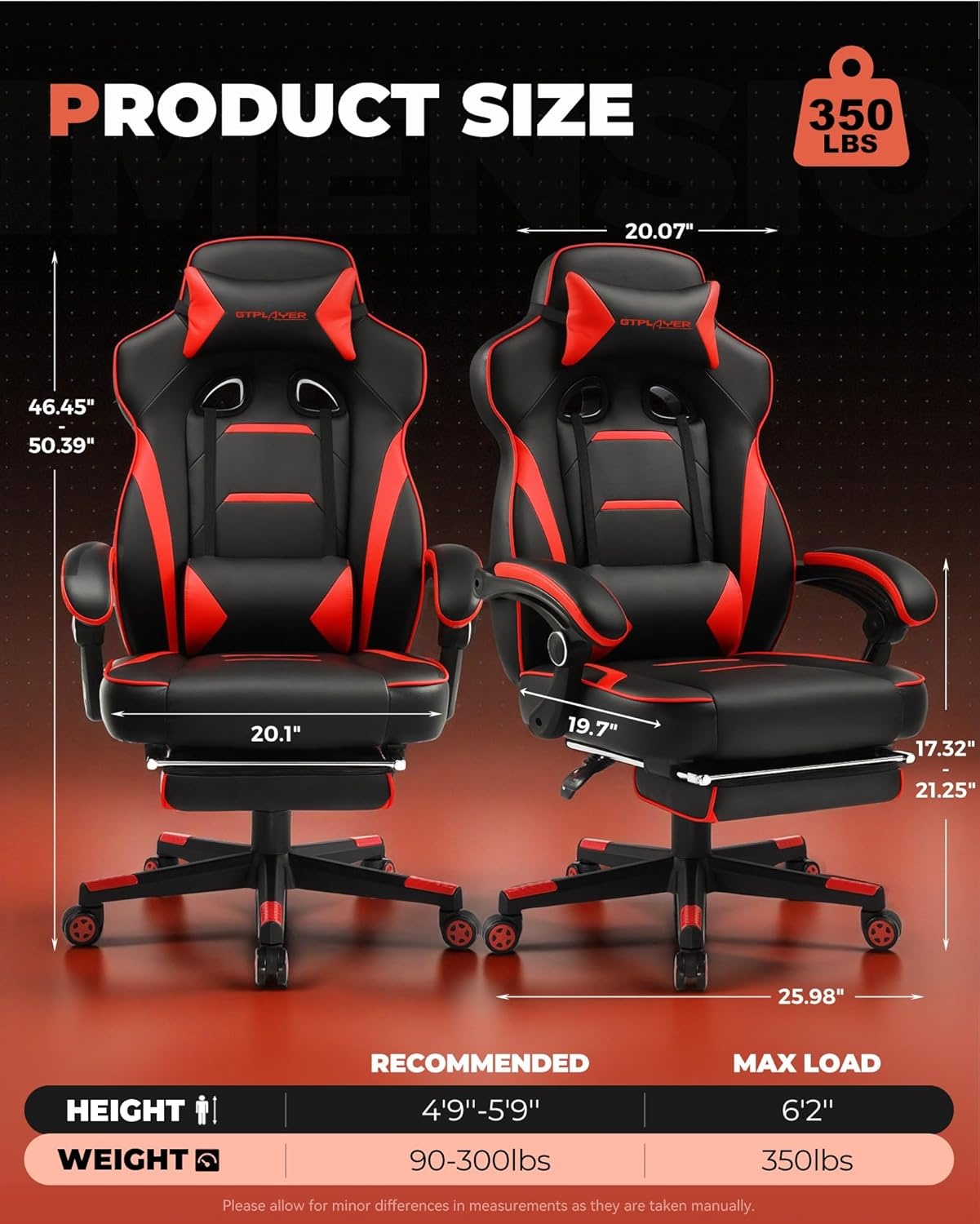 image:imageGTPLAYER Gaming Chair with Footrest Big and Tall Computer Game Chair 350lb Racing Style Ergonomic High Back Lumbar Support and Recliner Moon GrayRed