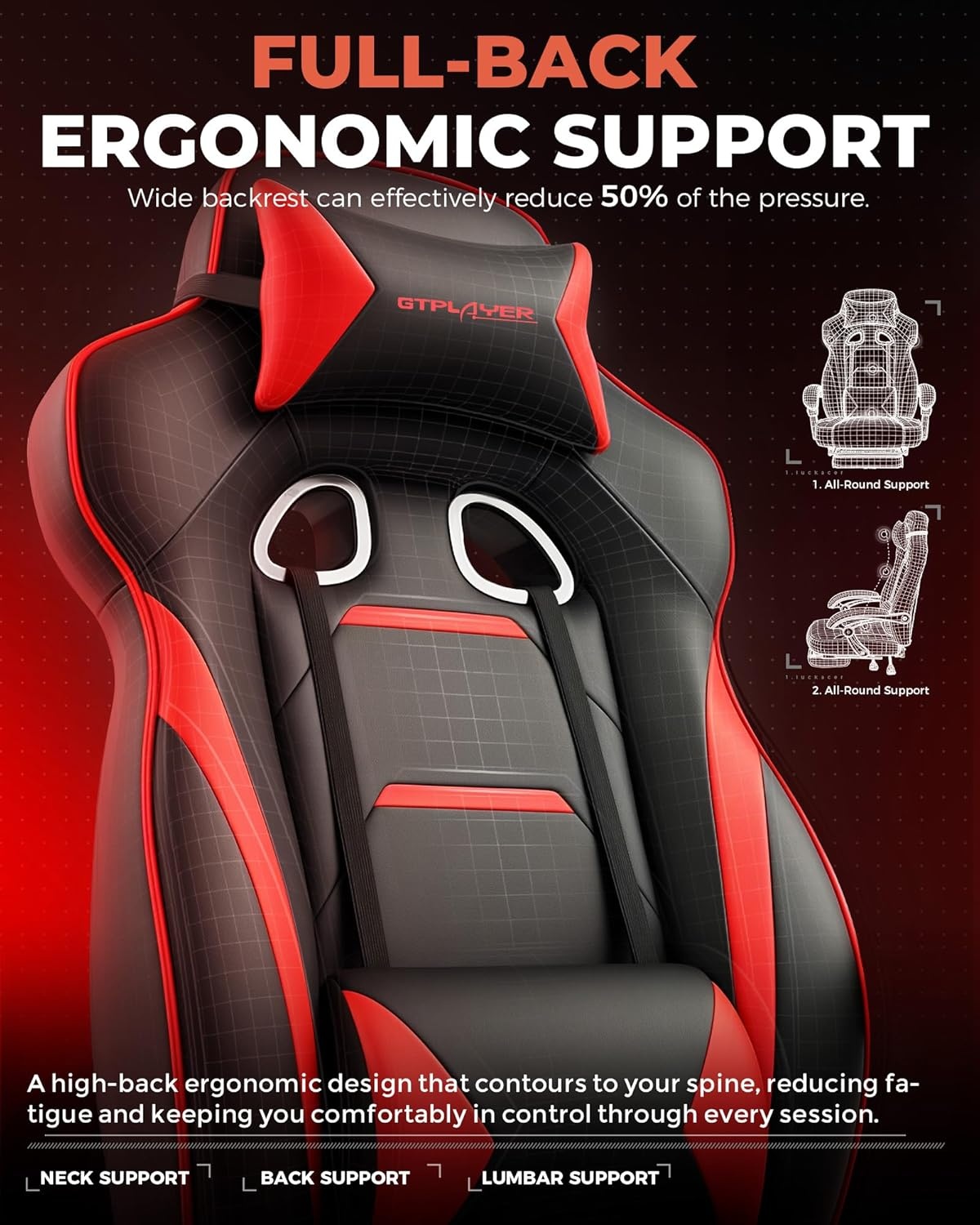 image:imageGTPLAYER Gaming Chair with Footrest Big and Tall Computer Game Chair 350lb Racing Style Ergonomic High Back Lumbar Support and Recliner Moon GrayRed