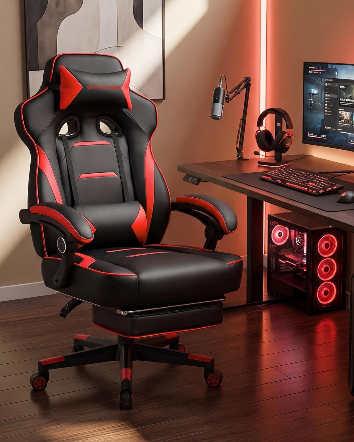 image:imageGTPLAYER Gaming Chair with Footrest Big and Tall Computer Game Chair 350lb Racing Style Ergonomic High Back Lumbar Support and Recliner Moon GrayRed