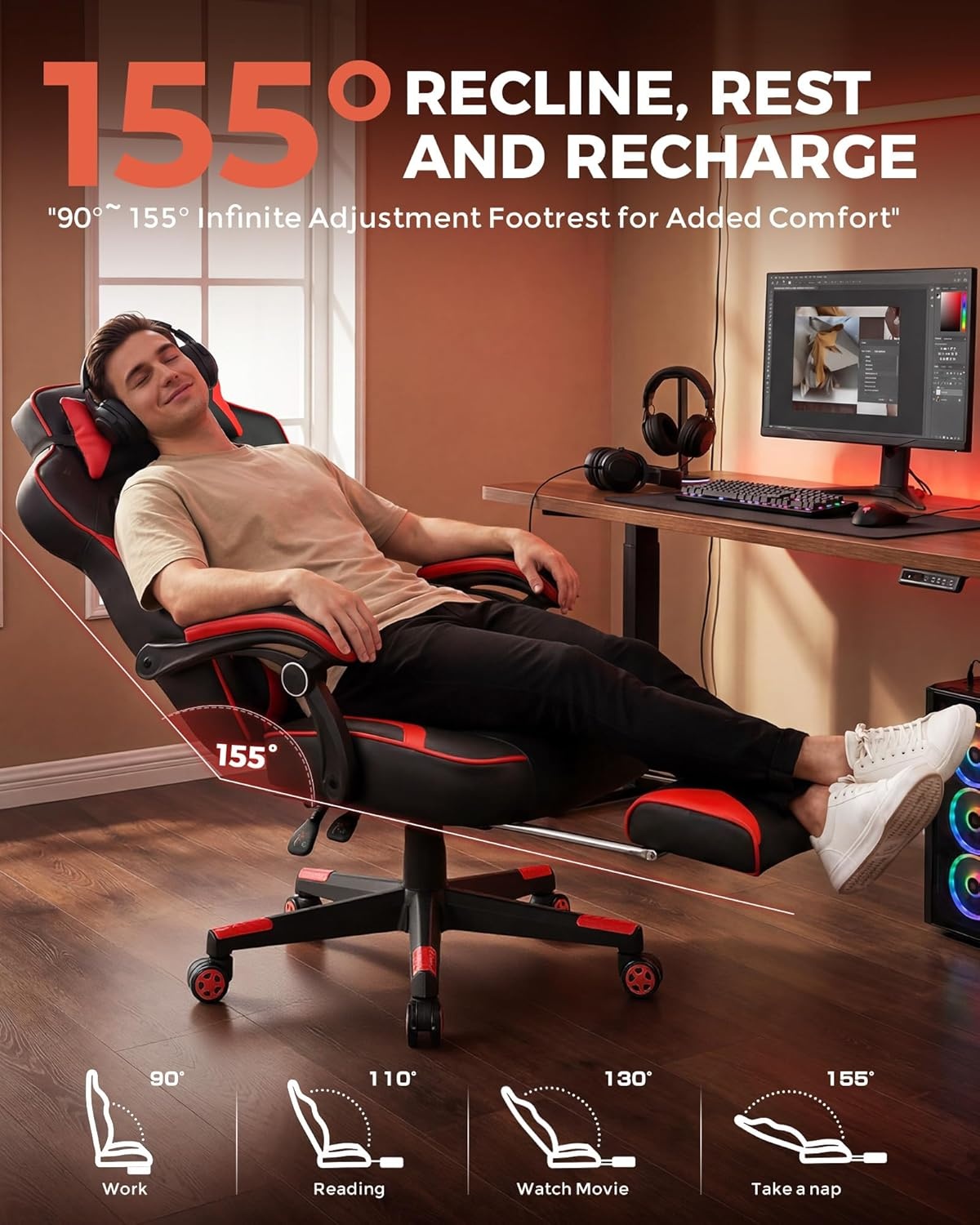 image:imageGTPLAYER Gaming Chair with Footrest Big and Tall Computer Game Chair 350lb Racing Style Ergonomic High Back Lumbar Support and Recliner Moon GrayRed