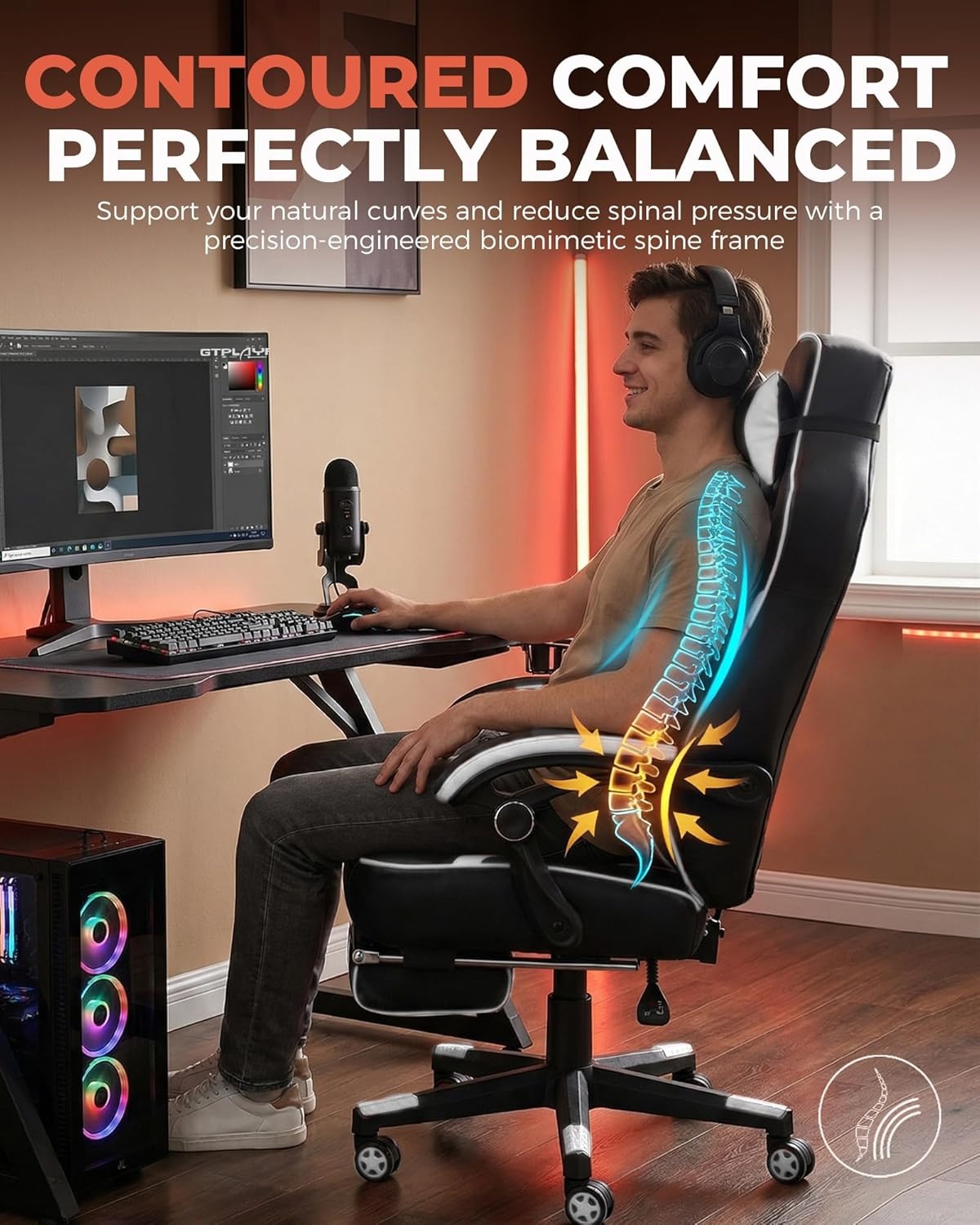 image:imageGTPLAYER Gaming Chair with Footrest Big and Tall Computer Game Chair 350lb Racing Style Ergonomic High Back Lumbar Support and Recliner Moon GrayWhite