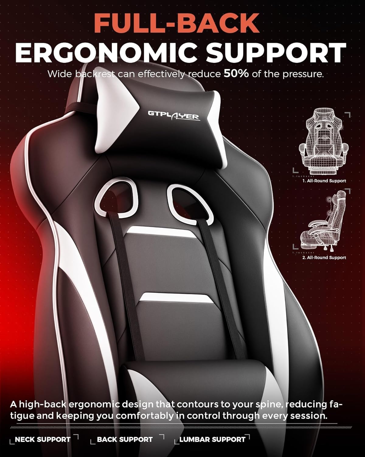 image:imageGTPLAYER Gaming Chair with Footrest Big and Tall Computer Game Chair 350lb Racing Style Ergonomic High Back Lumbar Support and Recliner Moon GrayWhite