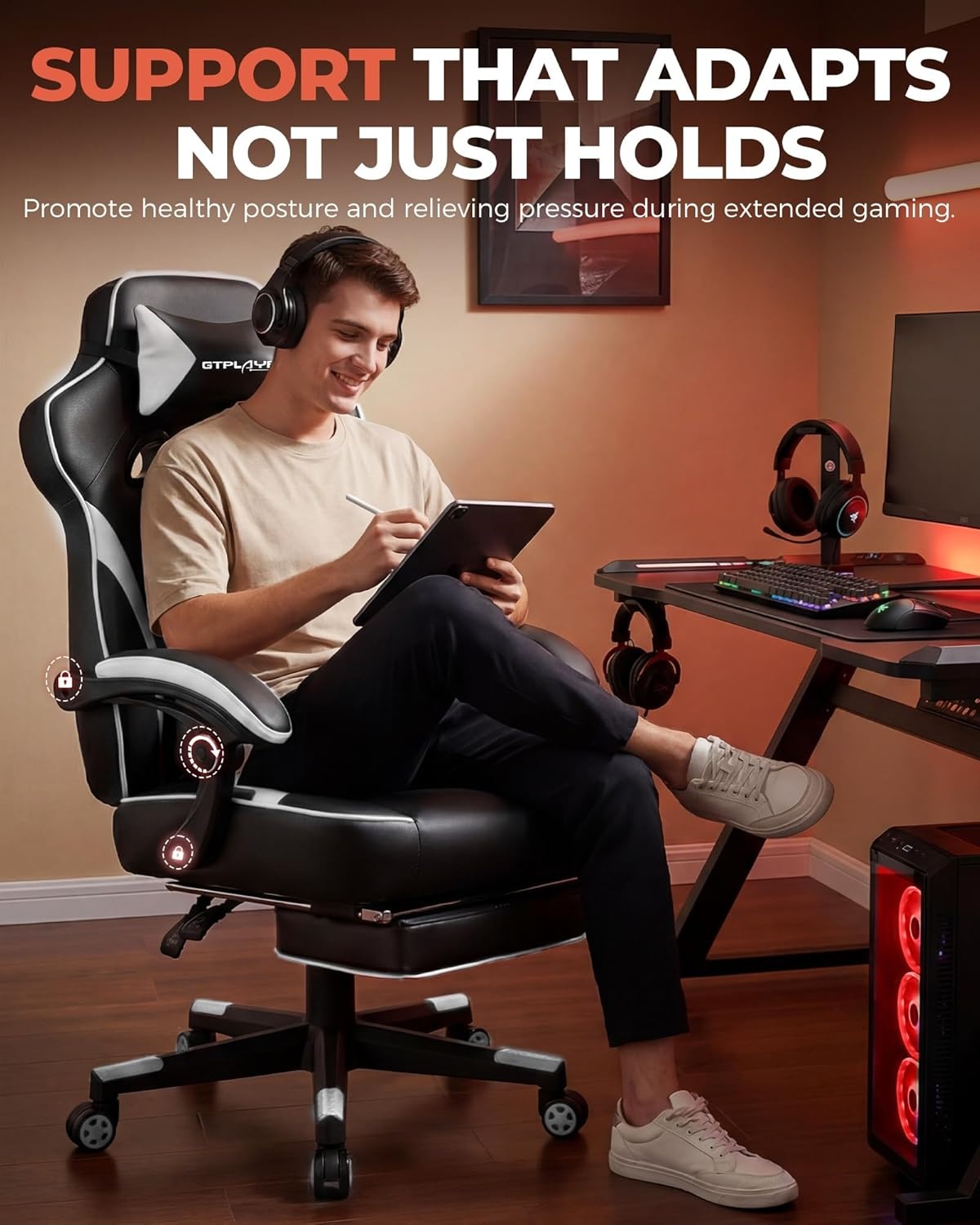 image:imageGTPLAYER Gaming Chair with Footrest Big and Tall Computer Game Chair 350lb Racing Style Ergonomic High Back Lumbar Support and Recliner Moon GrayWhite