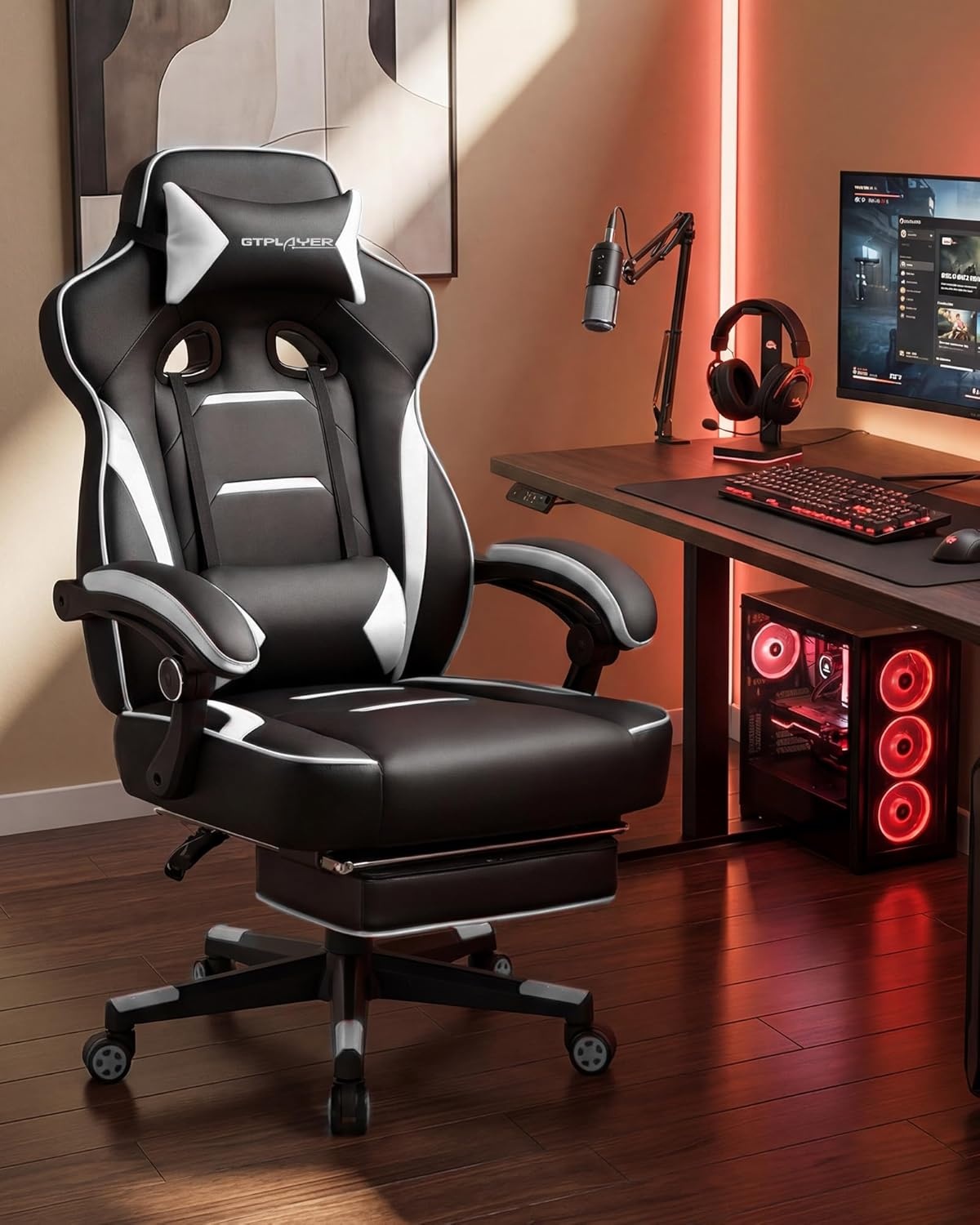 image:imageGTPLAYER Gaming Chair with Footrest Big and Tall Computer Game Chair 350lb Racing Style Ergonomic High Back Lumbar Support and Recliner Moon GrayWhite