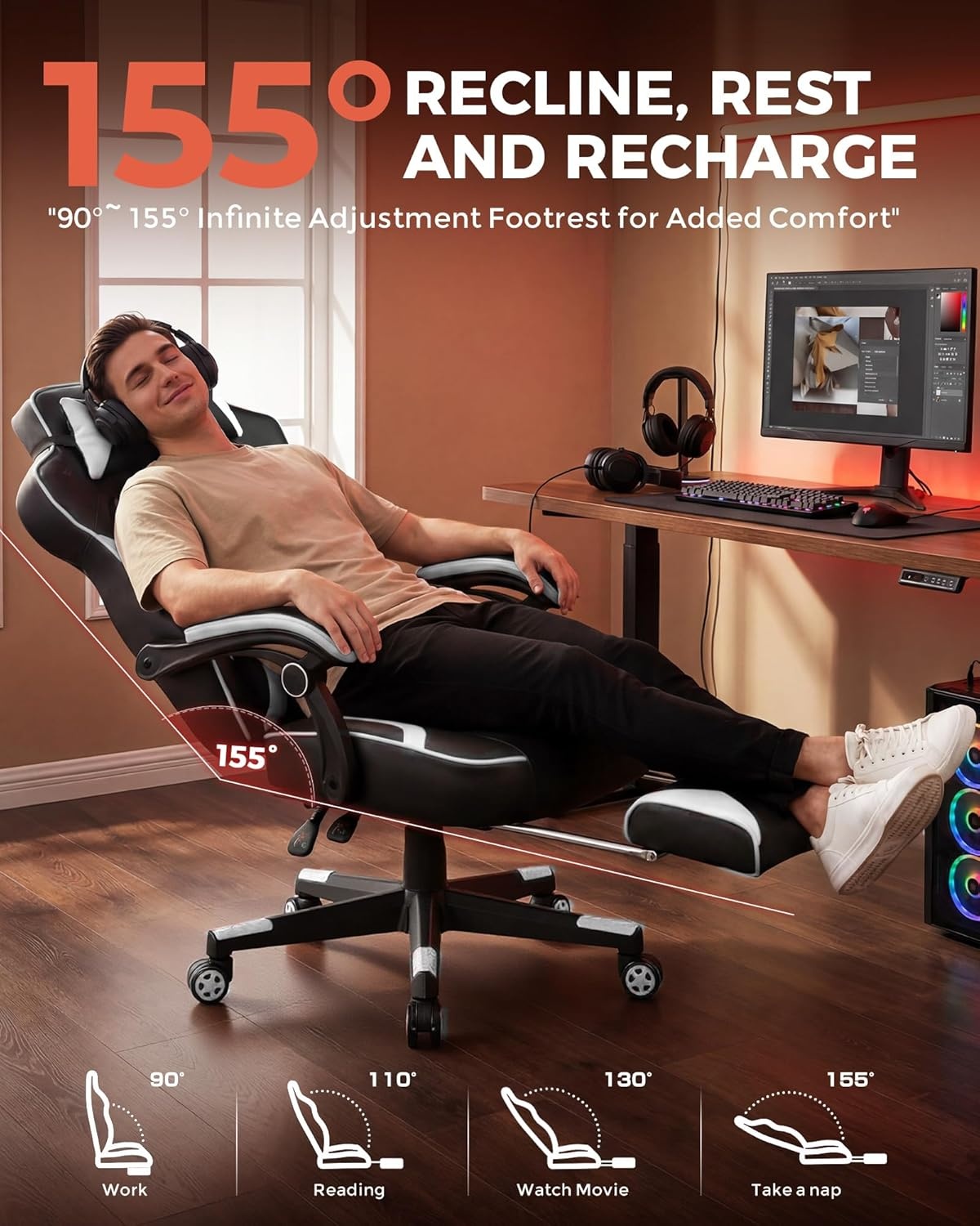 image:imageGTPLAYER Gaming Chair with Footrest Big and Tall Computer Game Chair 350lb Racing Style Ergonomic High Back Lumbar Support and Recliner Moon GrayWhite