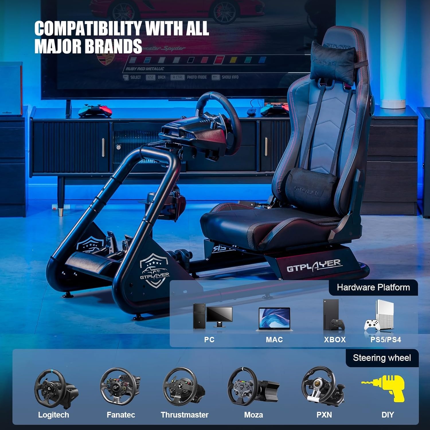 image:imageGTPLAYER Racing Simulator Cockpit with Seat and Bluetooth Speakers Racing Style Reclining Seat and UltraSturdy Alloy Steel Frame RedBlack