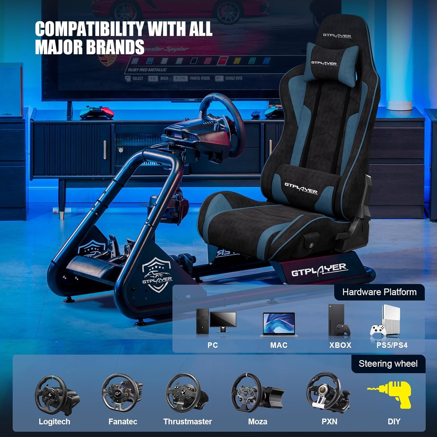 image:imageGTPLAYER Racing Simulator Cockpit with Seat and Bluetooth Speakers Racing Style Reclining Seat and UltraSturdy Alloy Steel Frame RedBlue