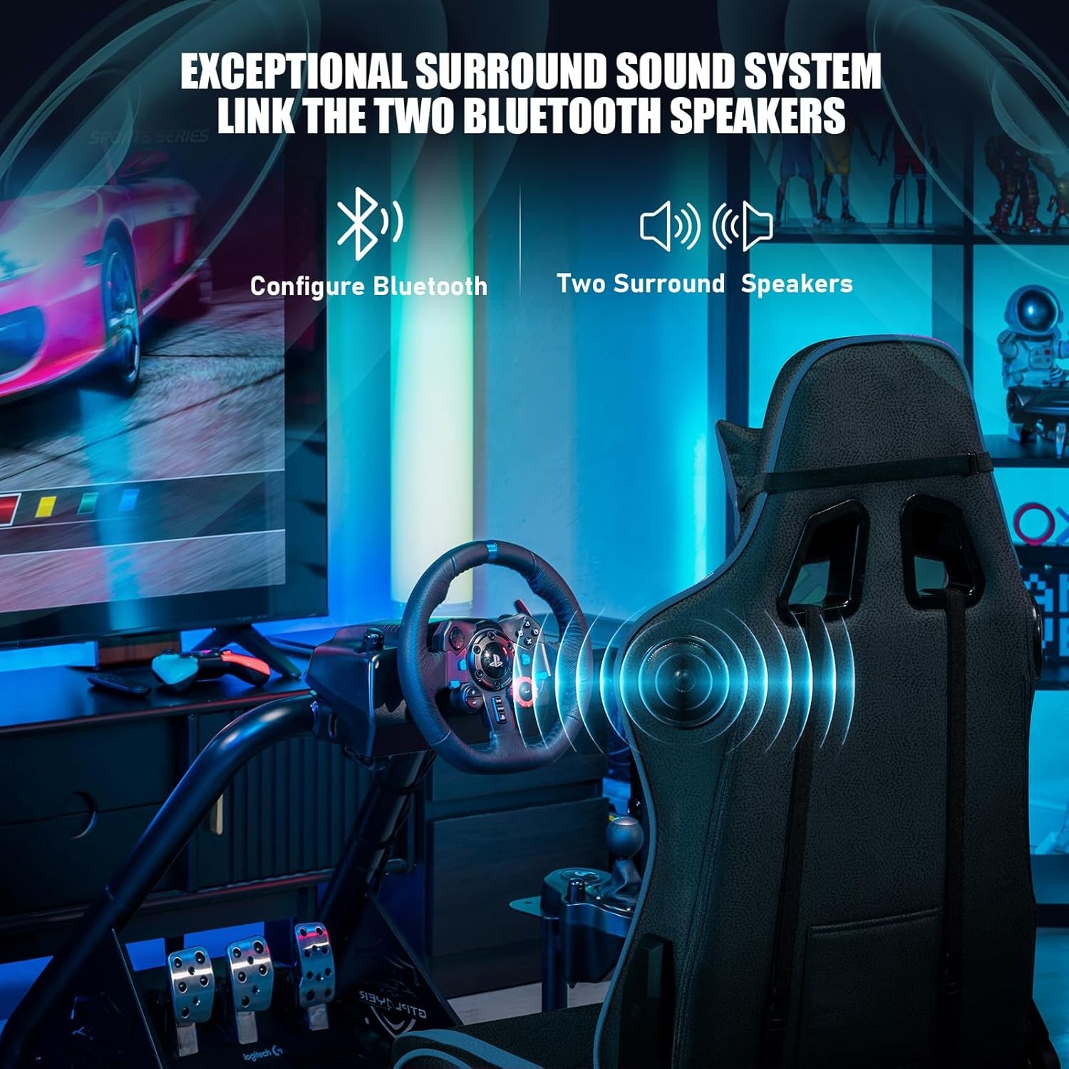 image:imageGTPLAYER Racing Simulator Cockpit with Seat and Bluetooth Speakers Racing Style Reclining Seat and UltraSturdy Alloy Steel Frame RedBlue