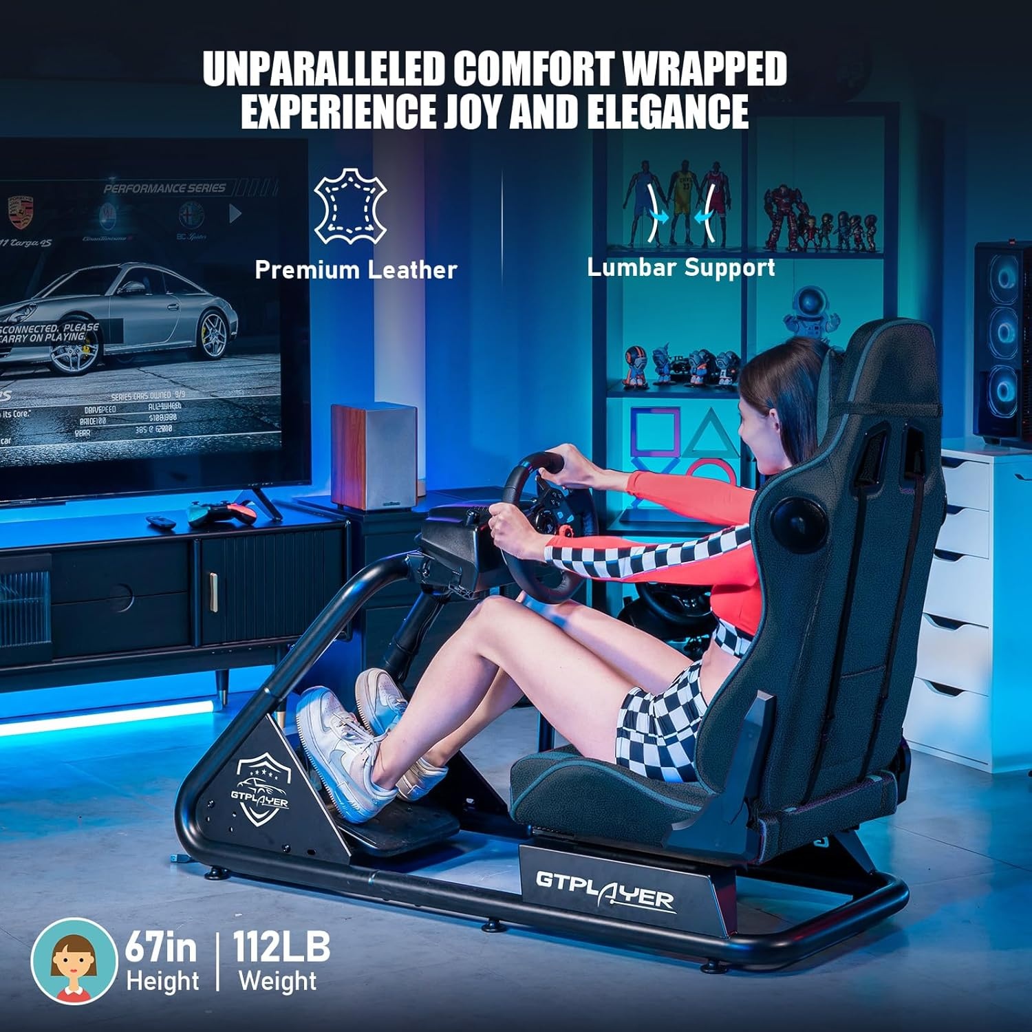 image:imageGTPLAYER Racing Simulator Cockpit with Seat and Bluetooth Speakers Racing Style Reclining Seat and UltraSturdy Alloy Steel Frame RedBlue