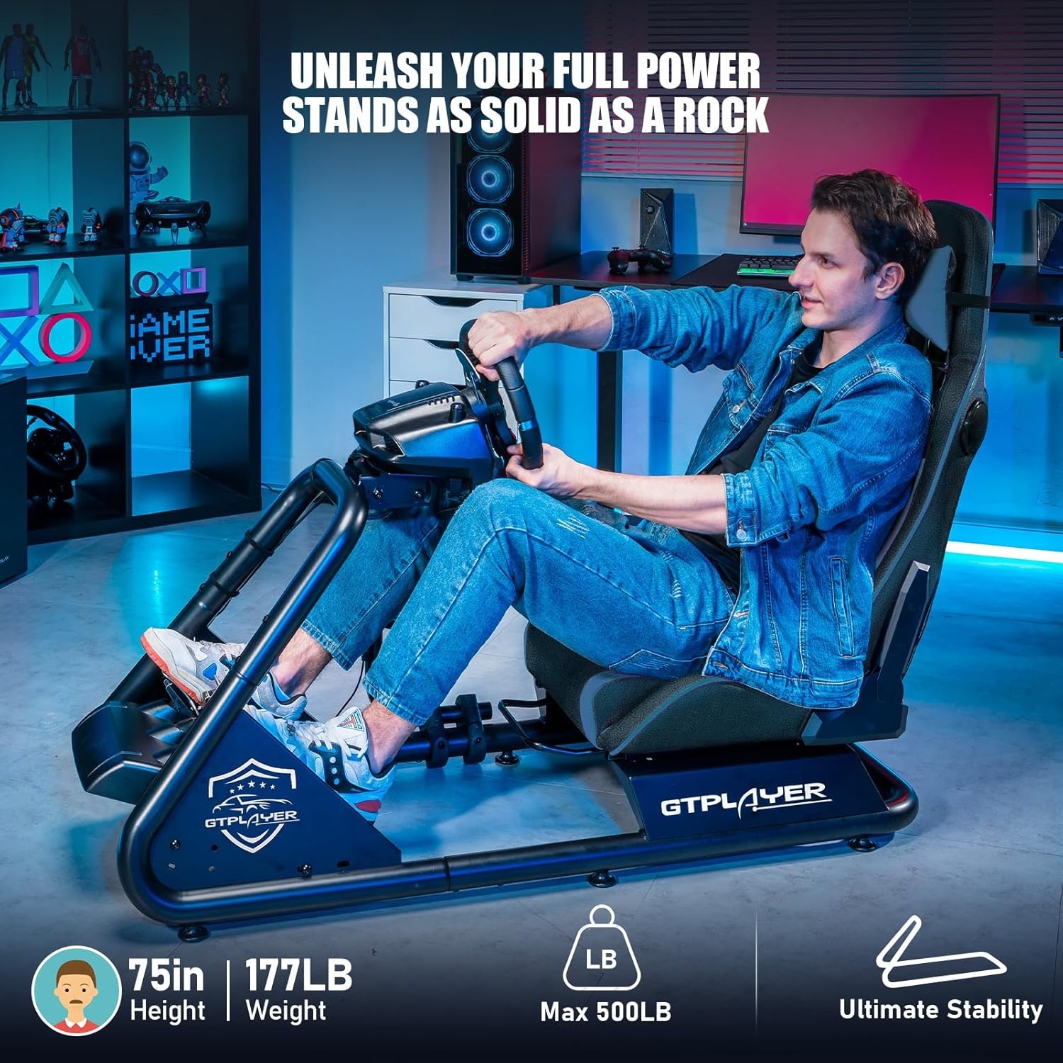 image:imageGTPLAYER Racing Simulator Cockpit with Seat and Bluetooth Speakers Racing Style Reclining Seat and UltraSturdy Alloy Steel Frame RedBlue