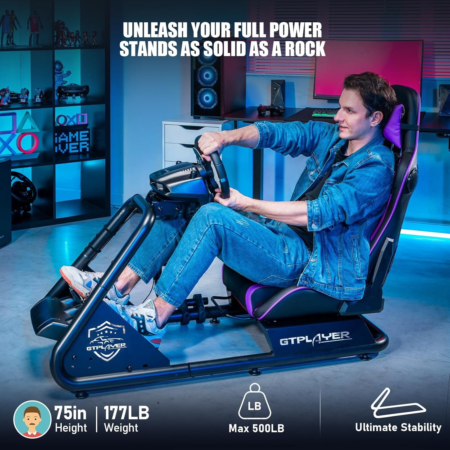 image:imageGTPLAYER Racing Simulator Cockpit with Seat and Bluetooth Speakers Racing Style Reclining Seat and UltraSturdy Alloy Steel Frame RedPurple