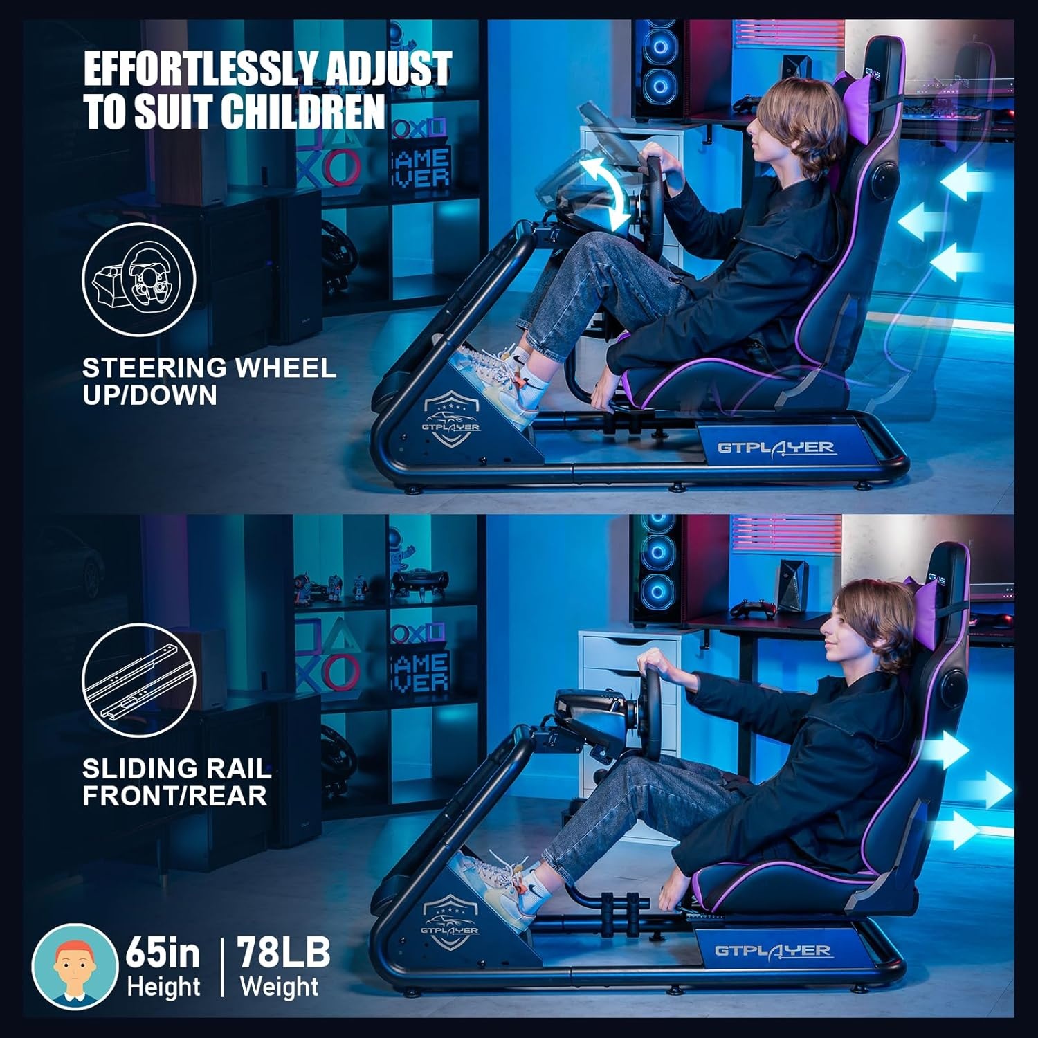 image:imageGTPLAYER Racing Simulator Cockpit with Seat and Bluetooth Speakers Racing Style Reclining Seat and UltraSturdy Alloy Steel Frame RedPurple
