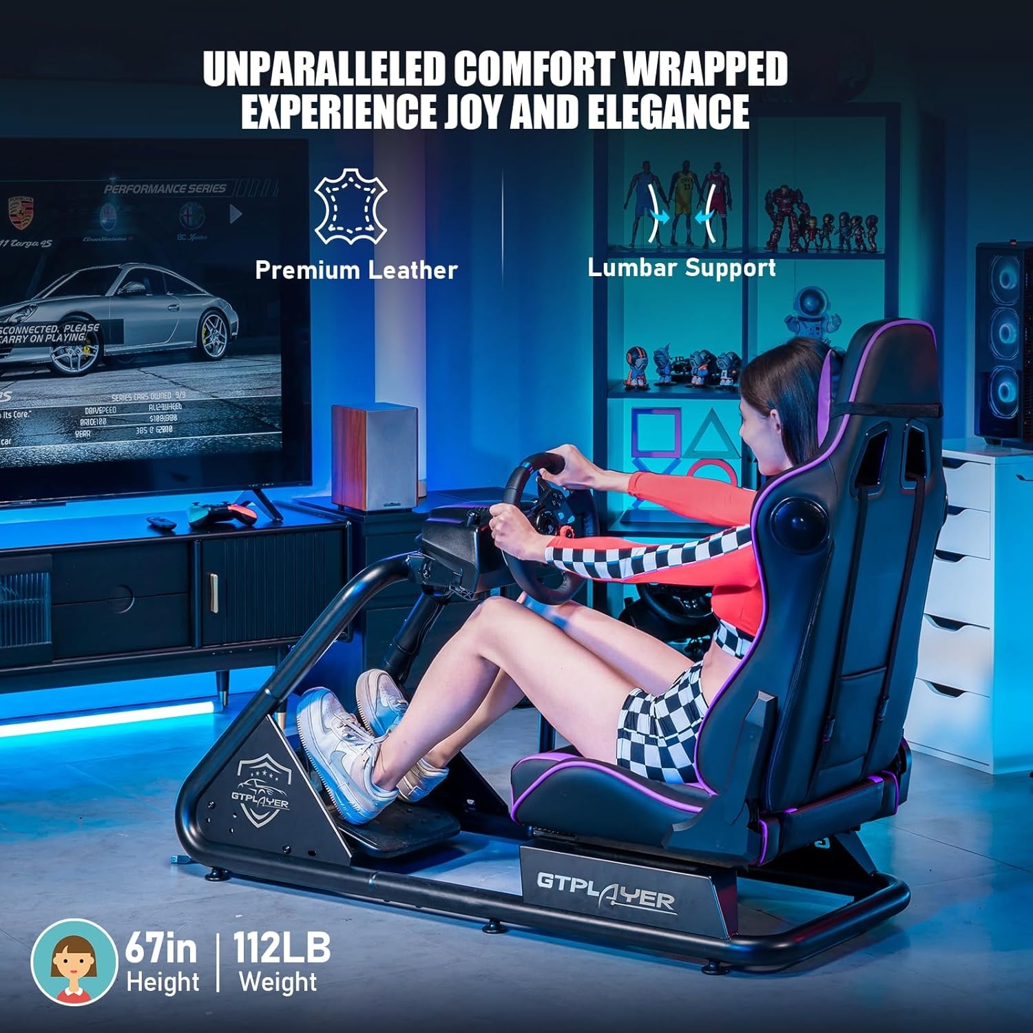 image:imageGTPLAYER Racing Simulator Cockpit with Seat and Bluetooth Speakers Racing Style Reclining Seat and UltraSturdy Alloy Steel Frame RedPurple